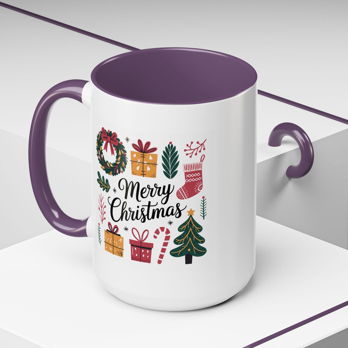 Christmas Mug - Merry Christmas Green Text Presents Tree Candy Cane