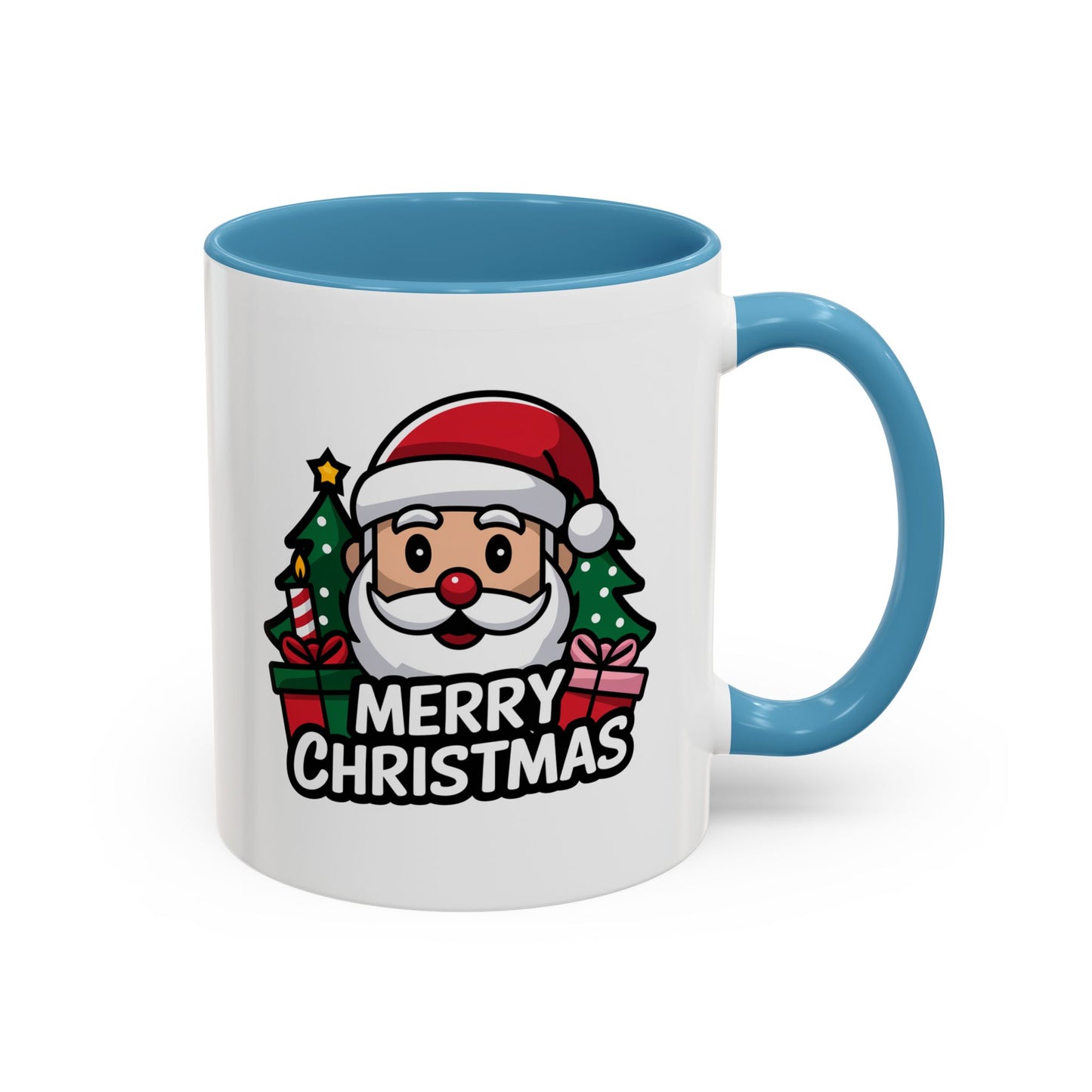 Christmas Mug - Merry Christmas White & Black Text Santa Trees Presents