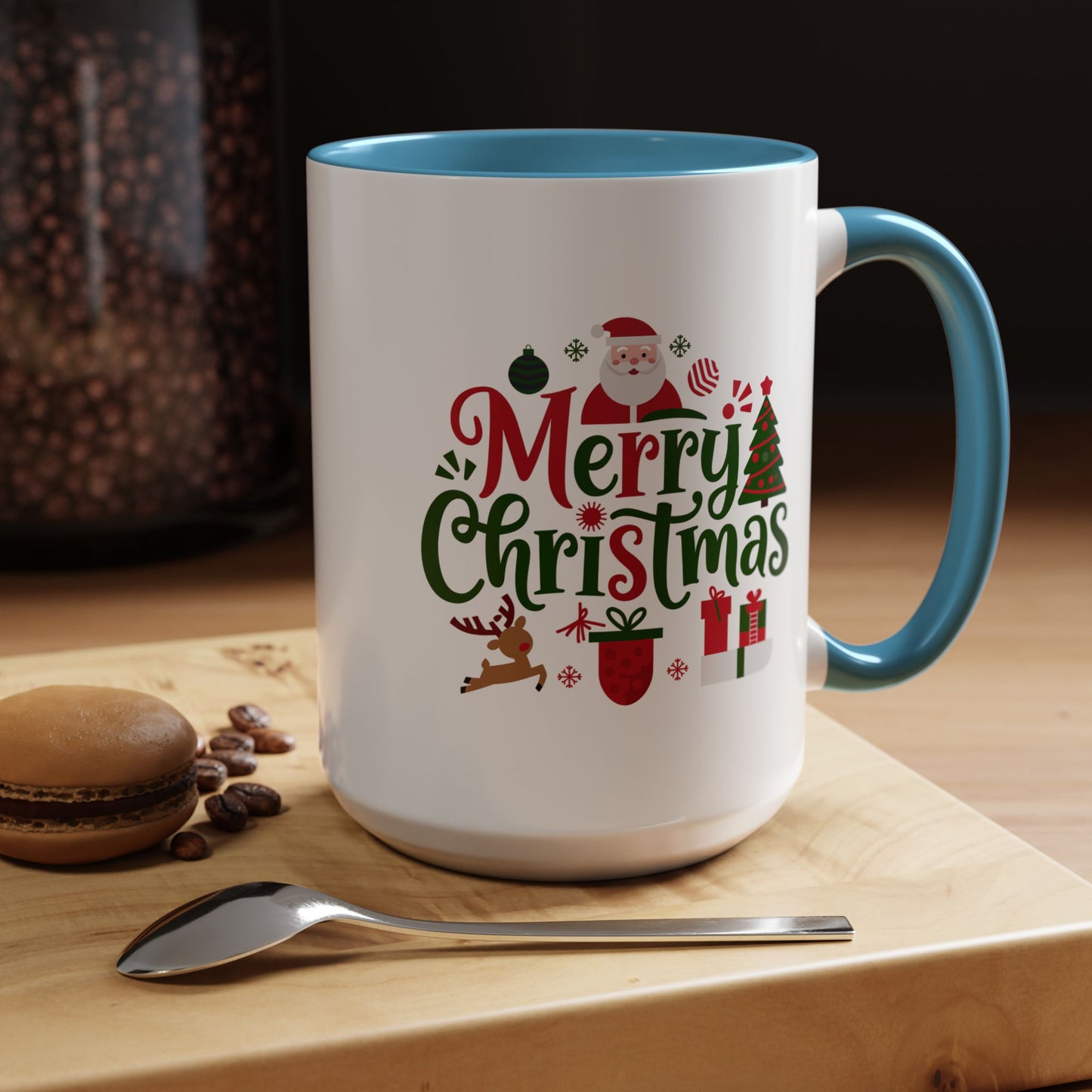 Christmas Mug - Merry Christmas Red & Green Text Santa Reindeer Tree Sleigh Ornaments