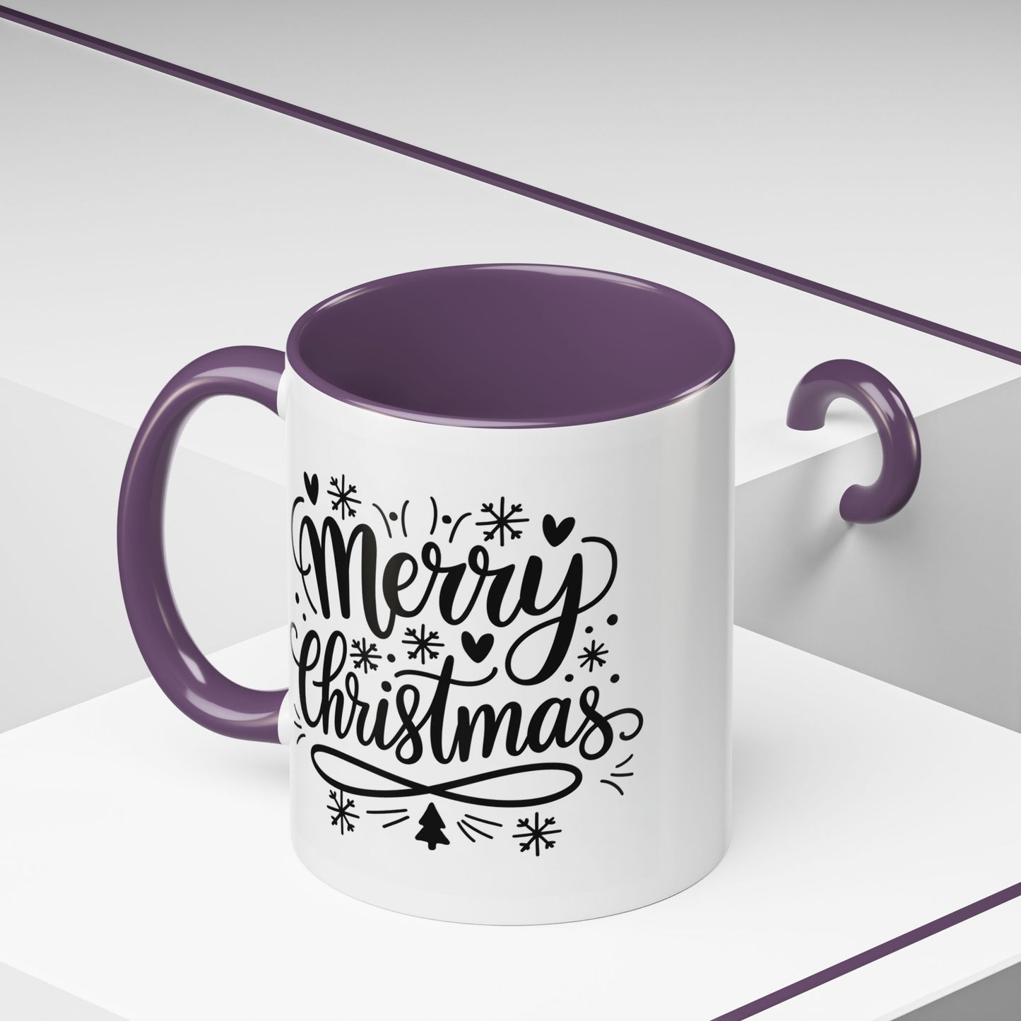 Christmas Mug - Merry Christmas Black Text Tree Snowflakes Hearts
