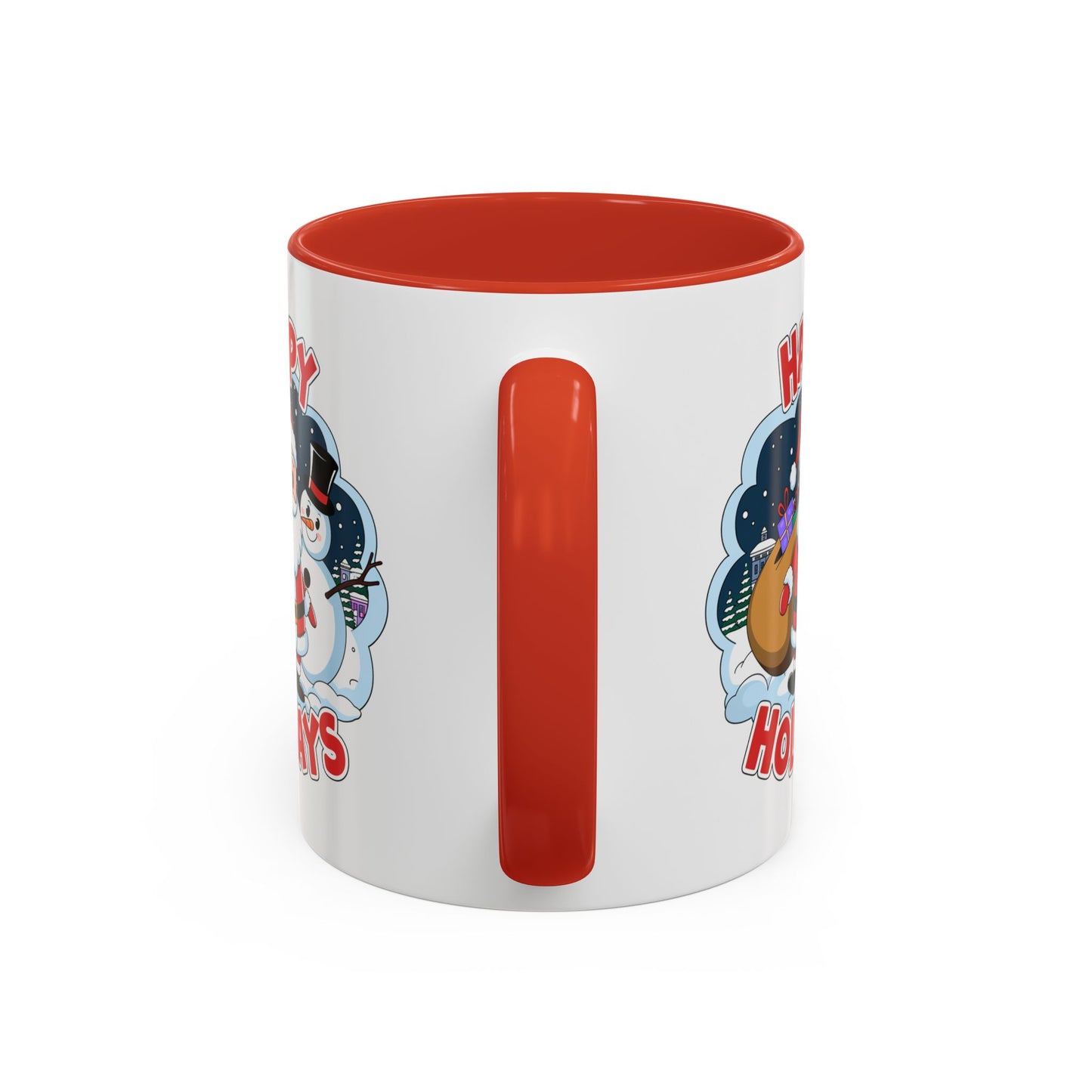 Christmas Mug - Happy Holidays Red & White Text Santa Snowman