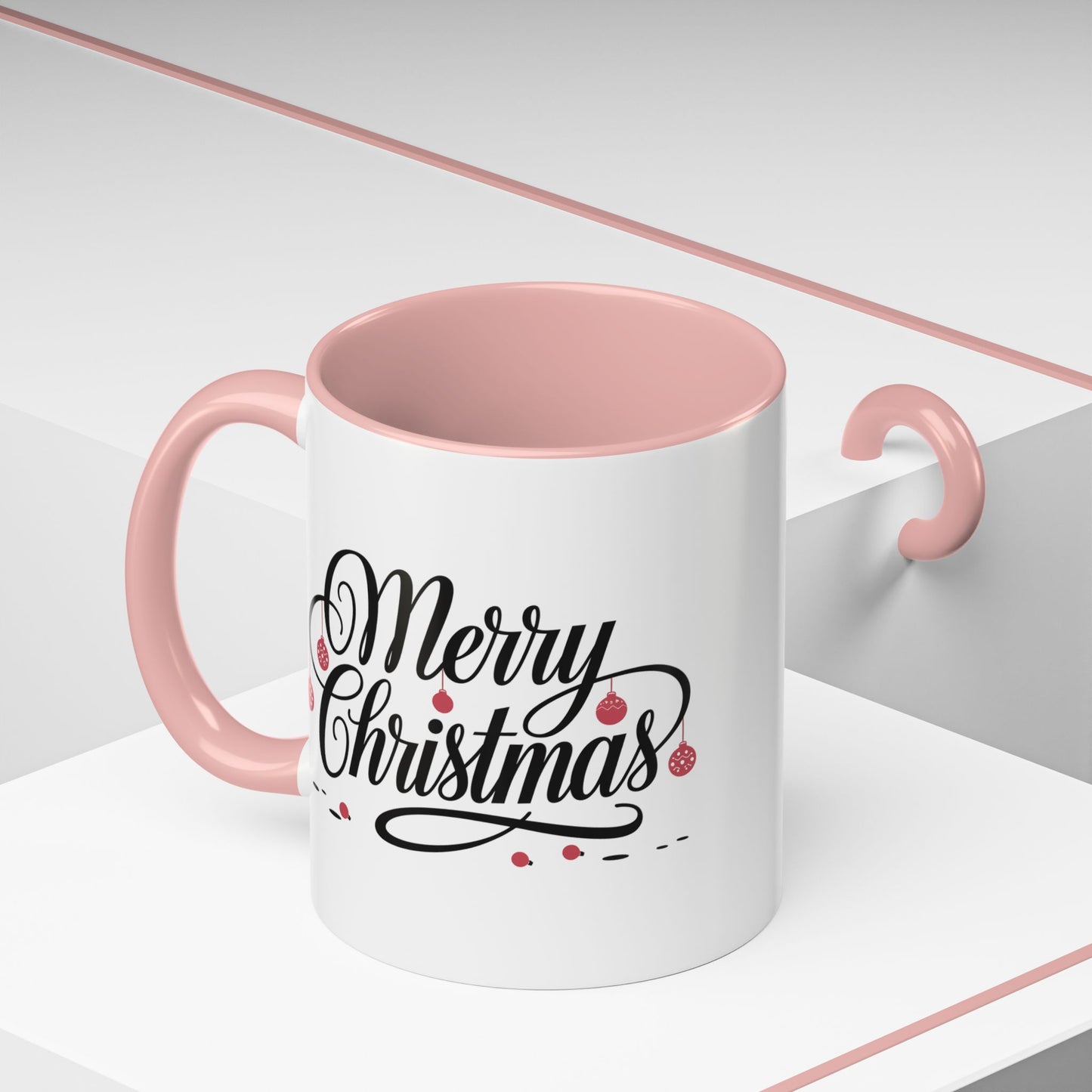 Christmas Mug - Merry Christmas Black Text Red Ornaments