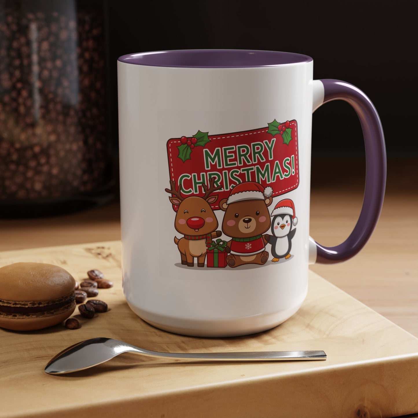 Christmas Mug - Green Text Red Banner Reindeer Bear Penguin