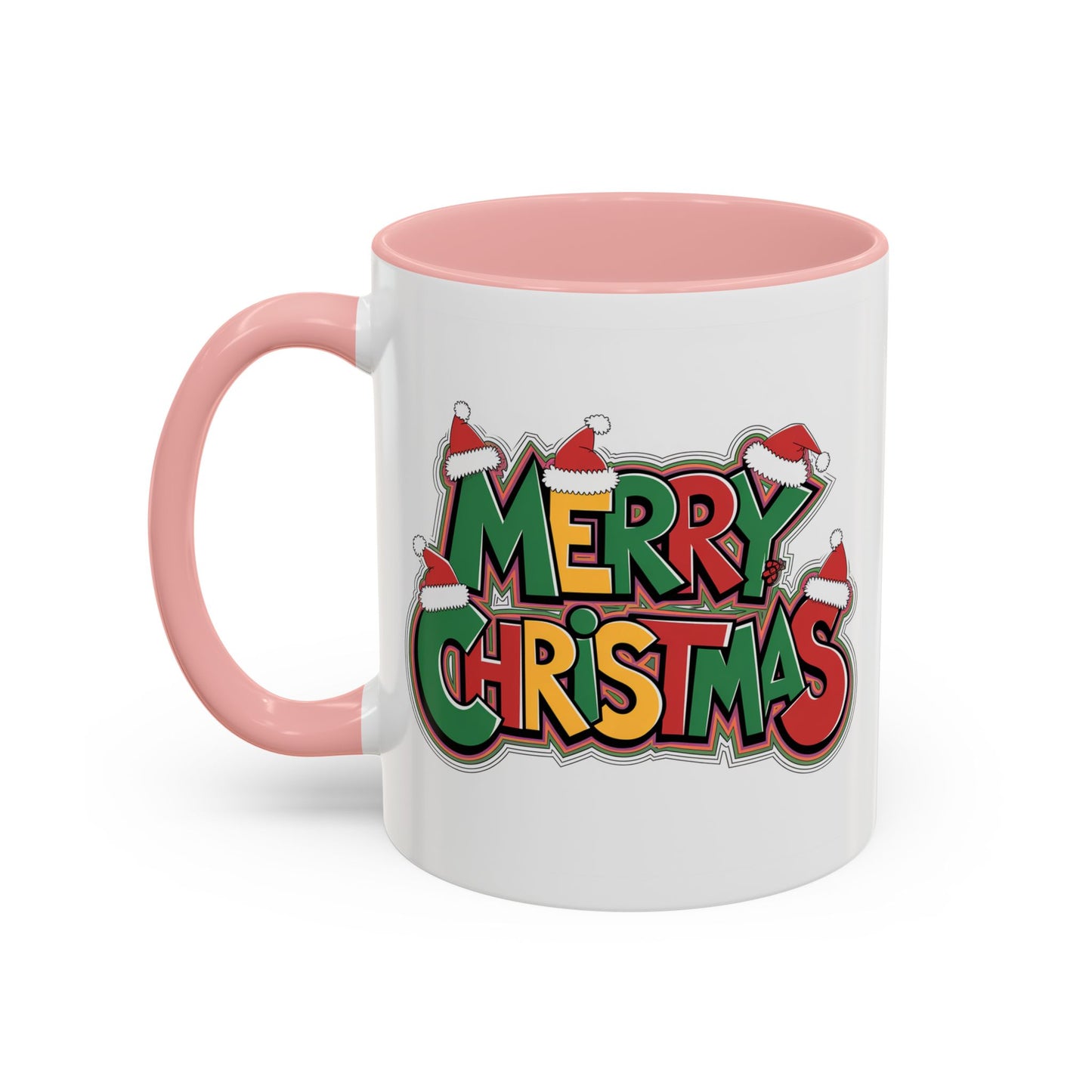 Christmas Mug - Merry Christmas Green Yellow & Red Text Hats
