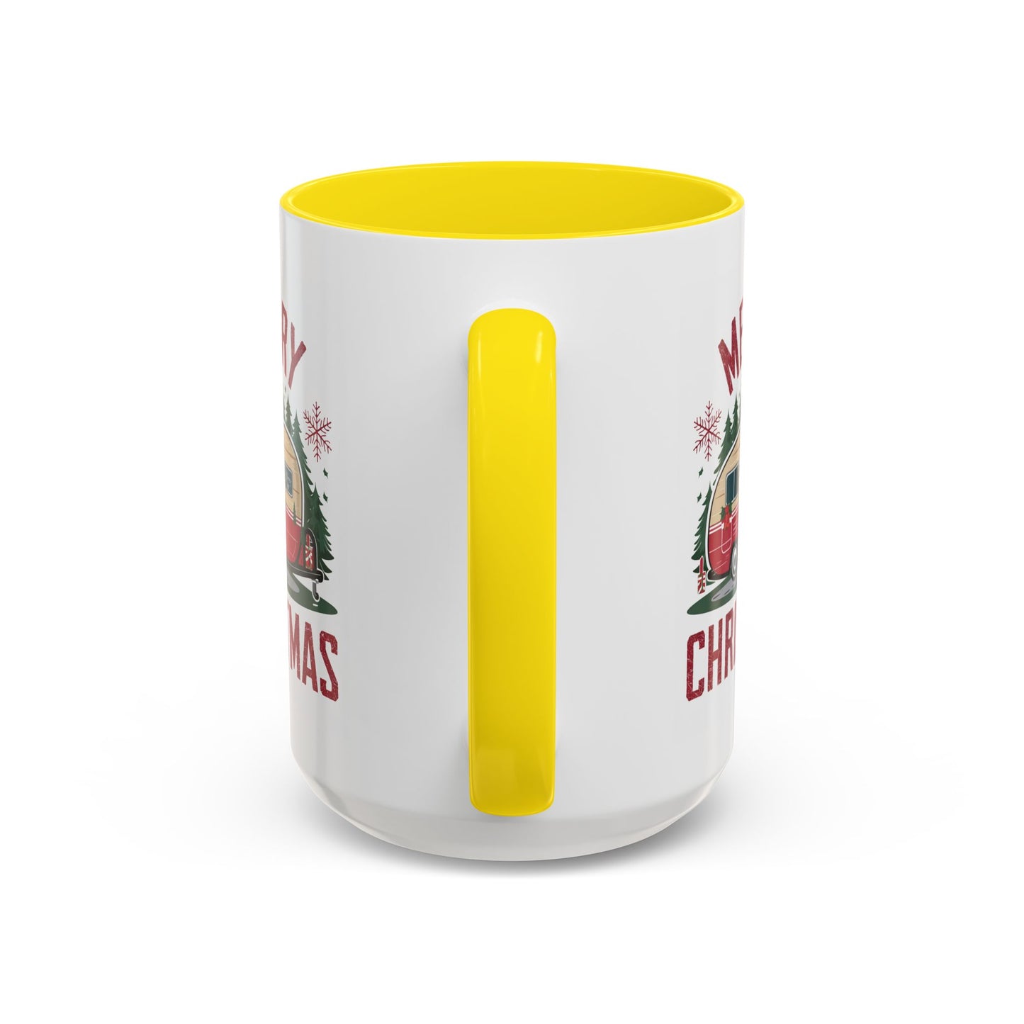 Christmas Mug - Merry Christmas Maroon Text Camper Trees Snowflakes