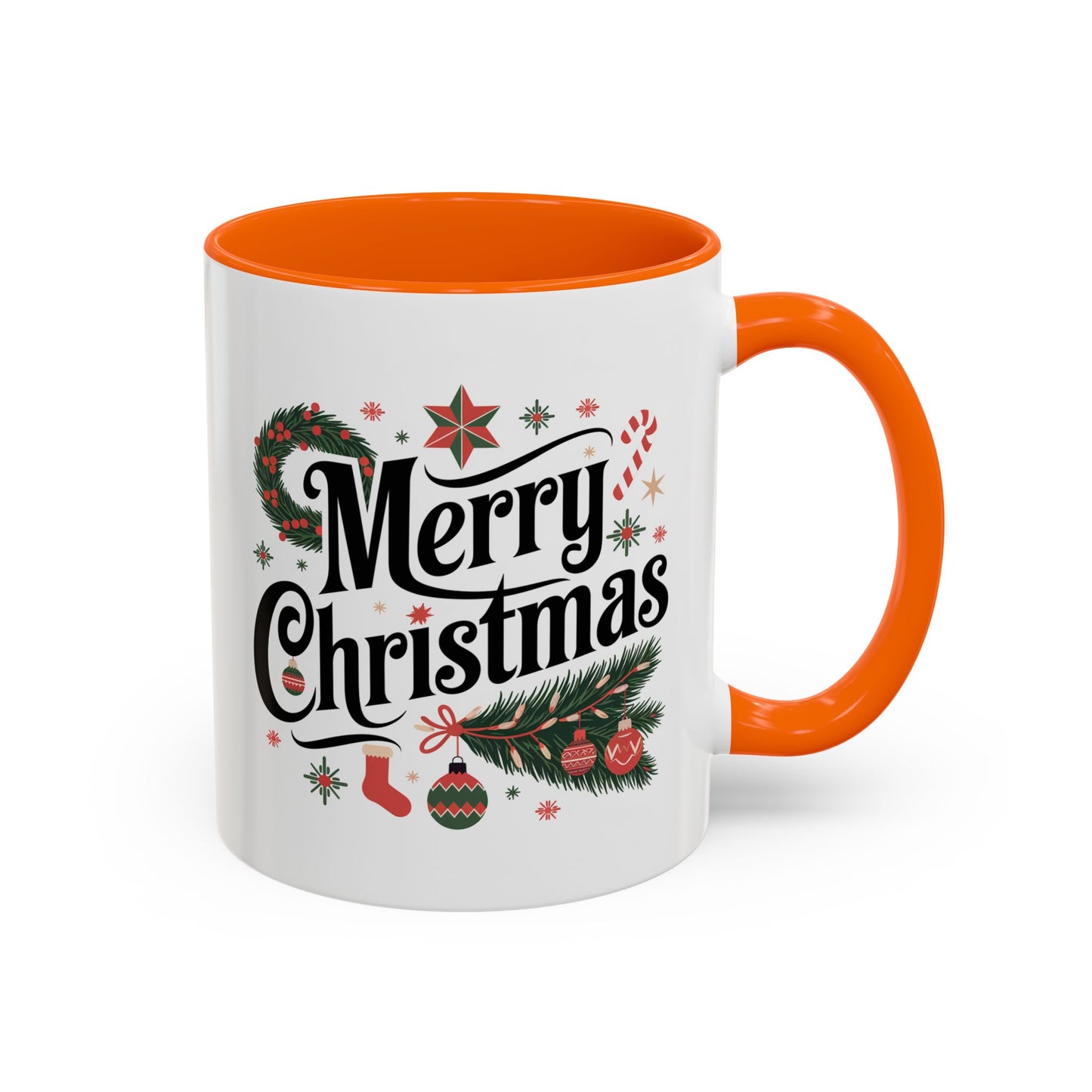 Christmas Mug - Merry Christmas Black Text Star Stocking Ornament Candy Cane