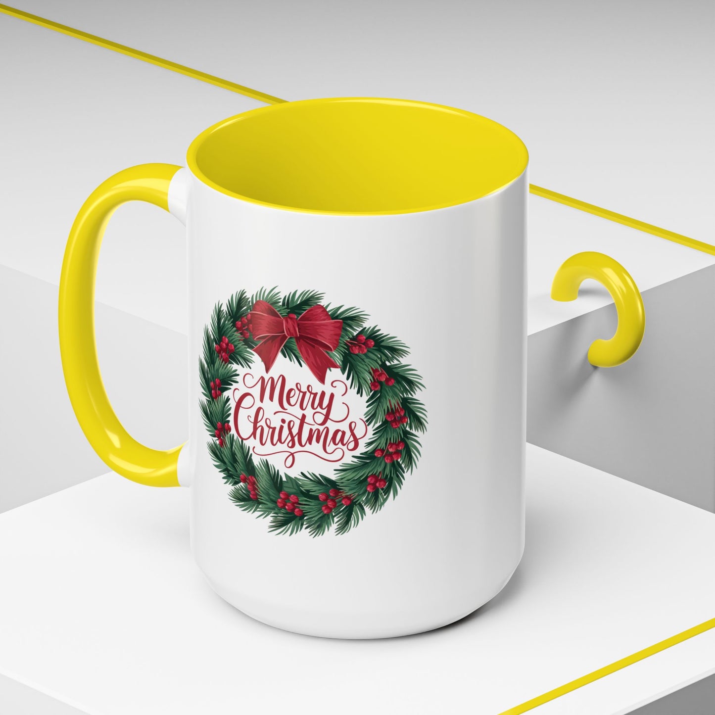 Christmas Mug - Merry Christmas Red Text Bow Wreath