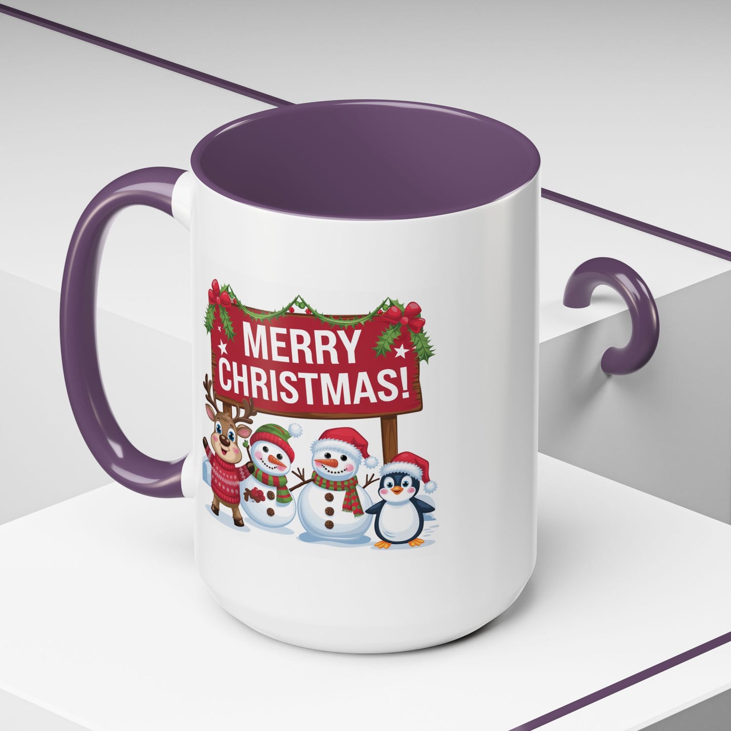 Christmas Mug - Merry Christmas White Text Reindeer Snowmen Penguin