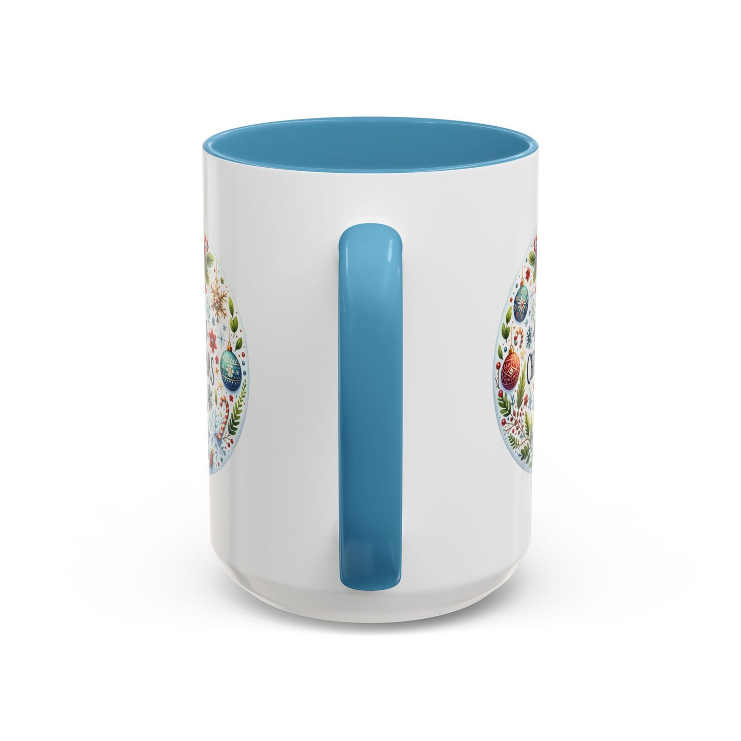 Christmas Mug - Merry Christmas Blue Text Bow Present Ornaments