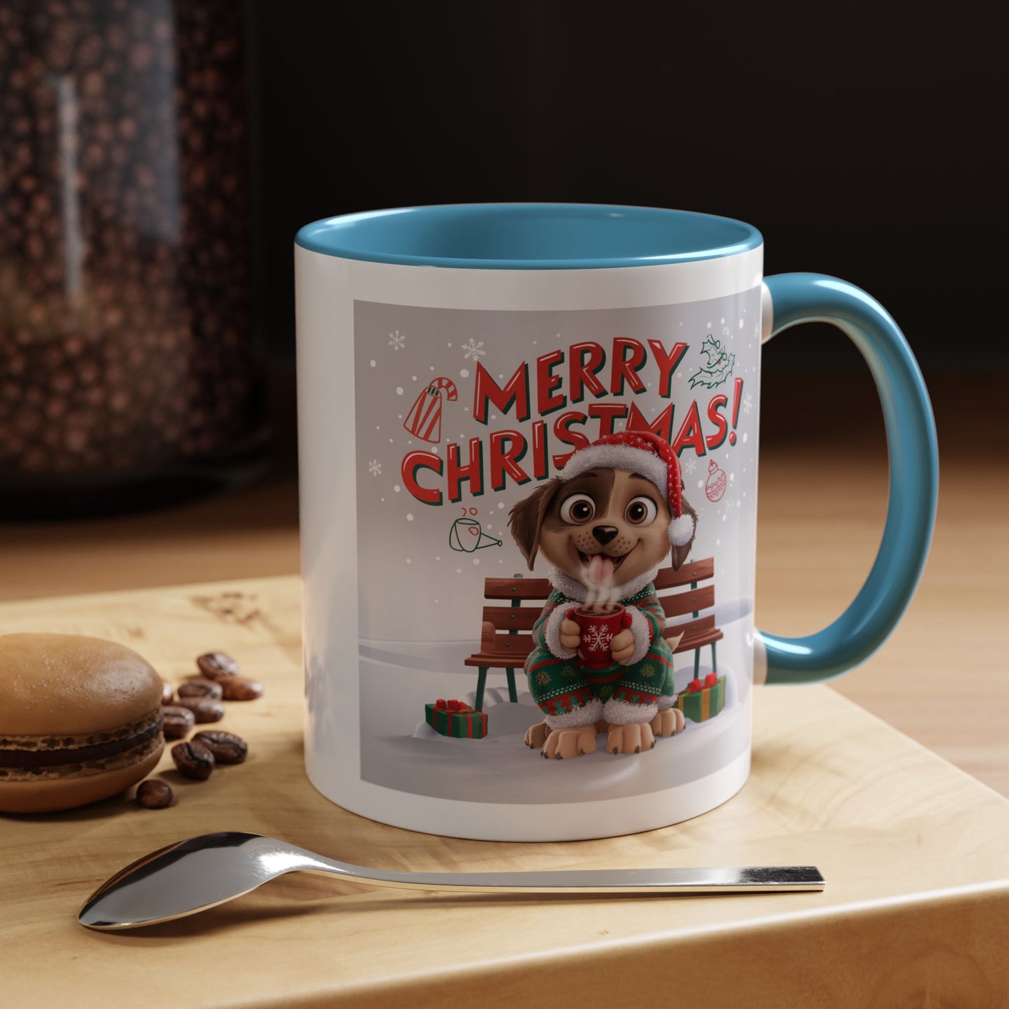 Christmas Mug - Merry Christmas Red Text Puppy Green Top