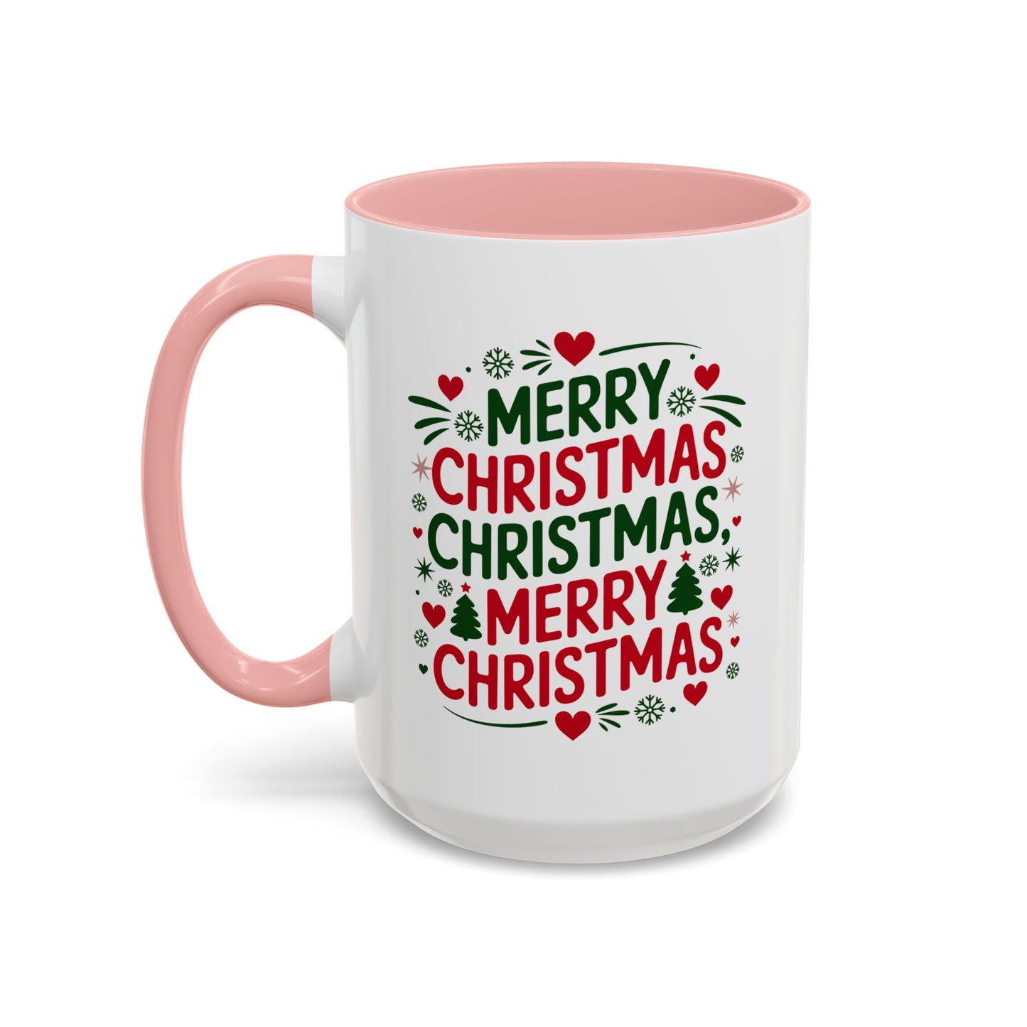Christmas Mug - Merry Christmas Green & Red Text Trees Hearts Snowflakes Stars