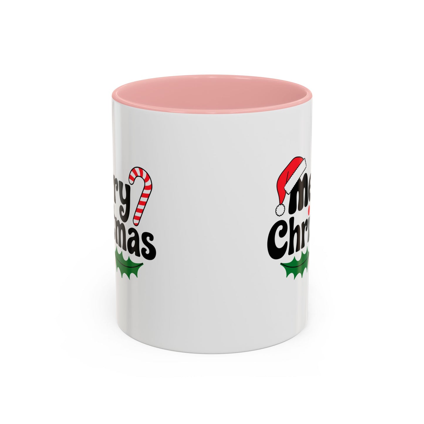 Christmas Mug - Merry Christmas Black Text Hat Candy Cane Mistletoe