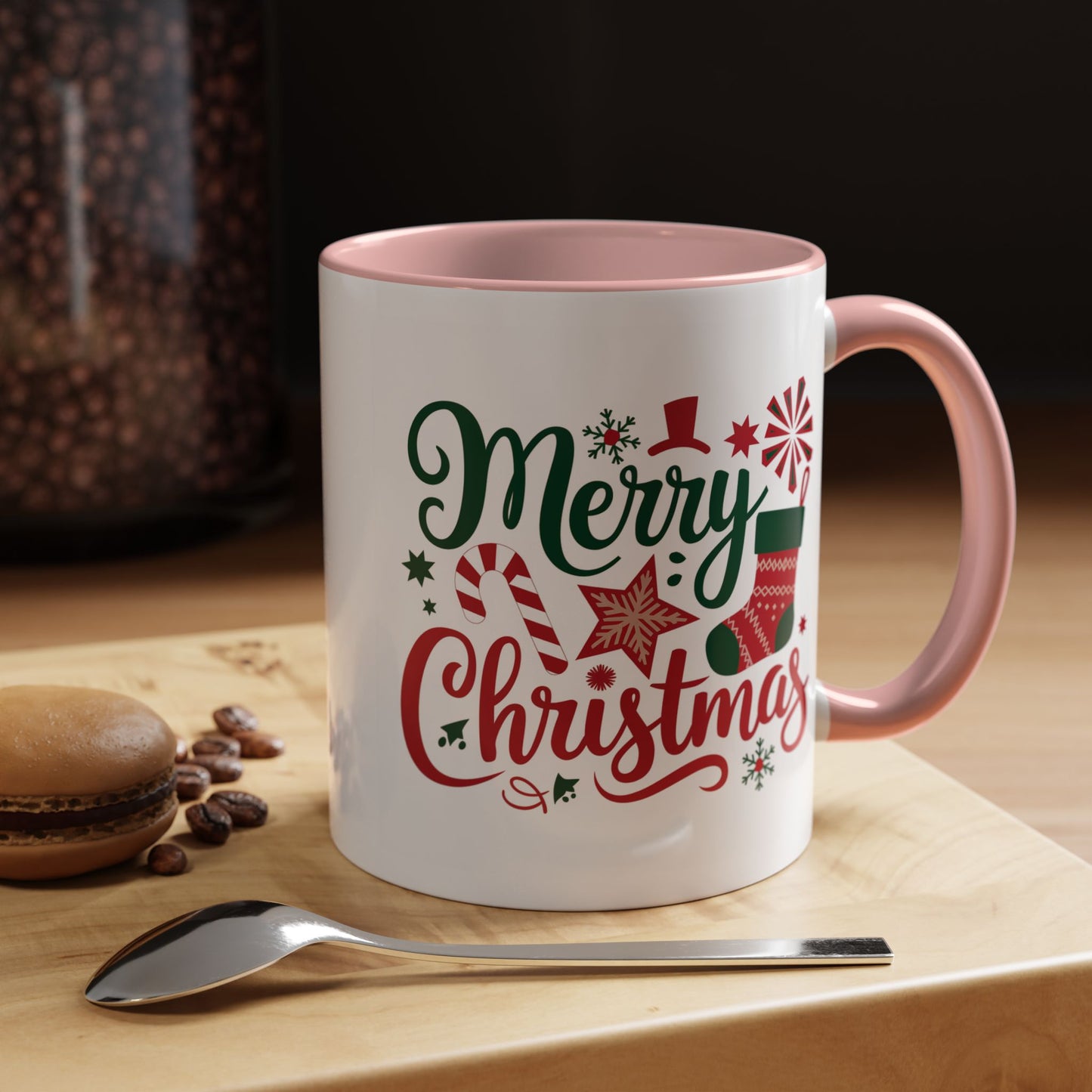 Christmas Mug - Merry Christmas Green & Red Text Star Candy Cane Stocking Snowflake