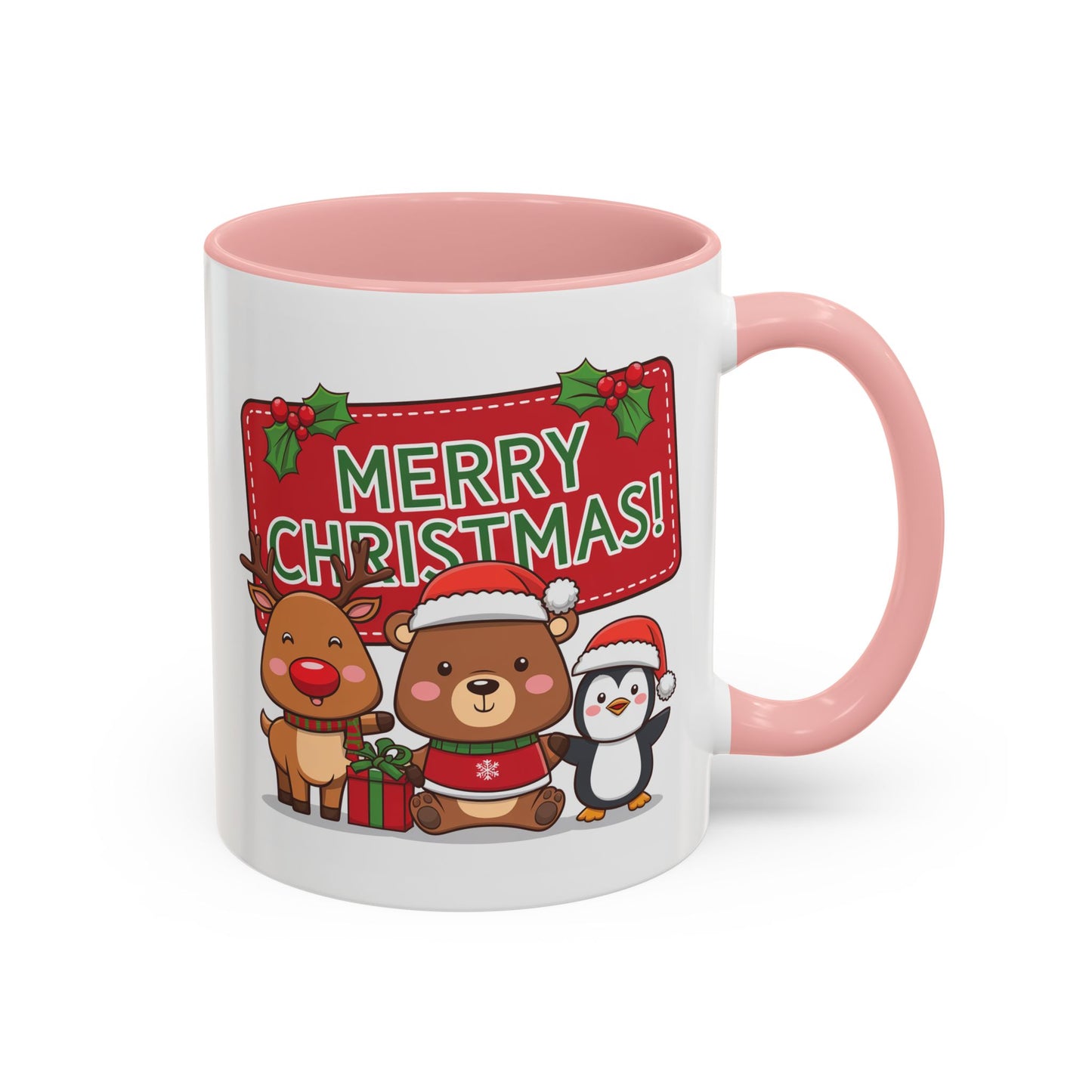 Christmas Mug - Green Text Red Banner Reindeer Bear Penguin