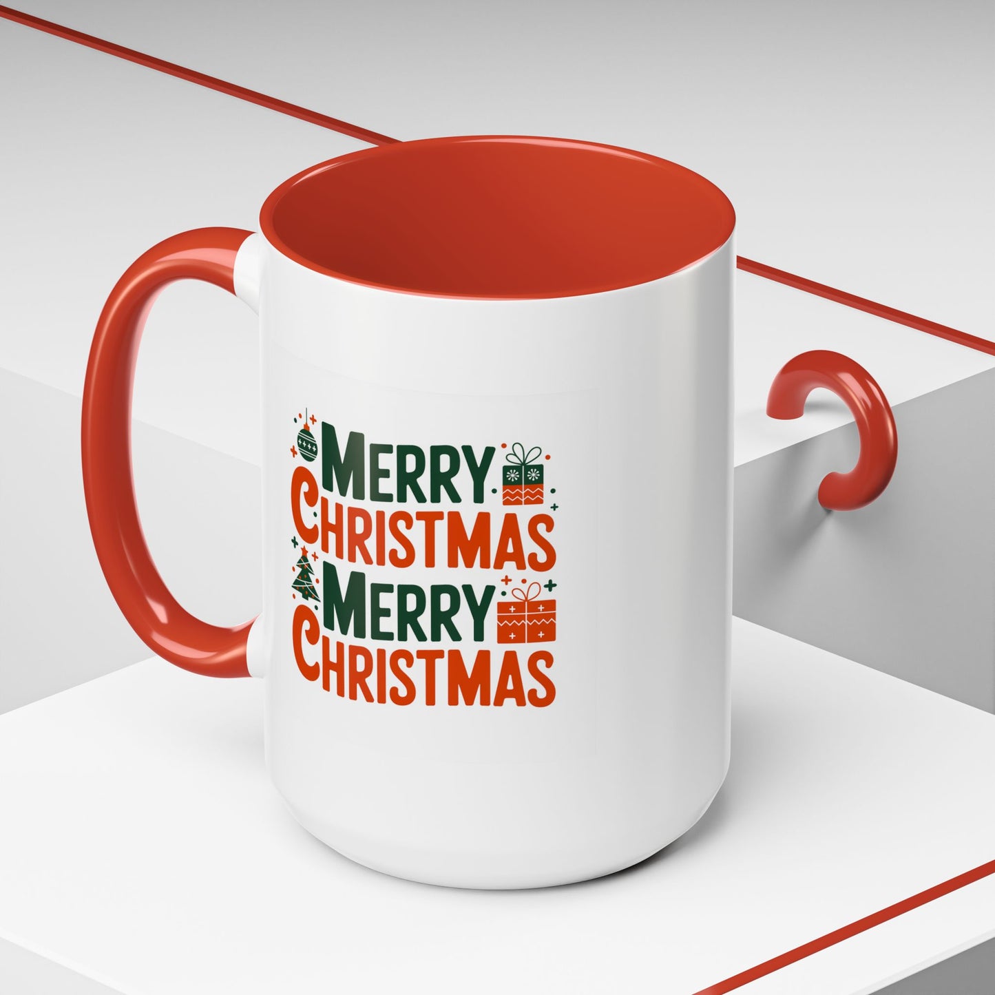 Christmas Mug - Green & Red Text Tree Presents