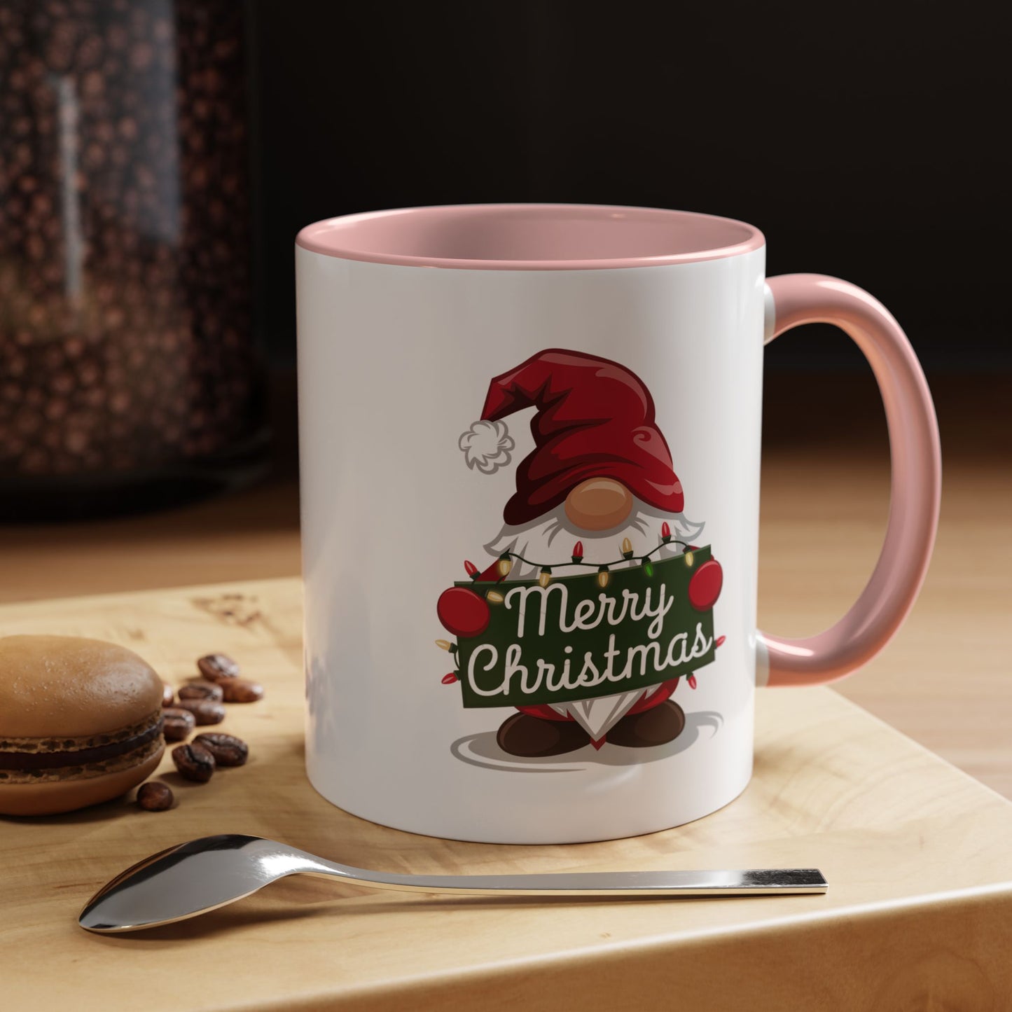 Christmas Mug - Merry Christmas White & Green Text Gnome Lights