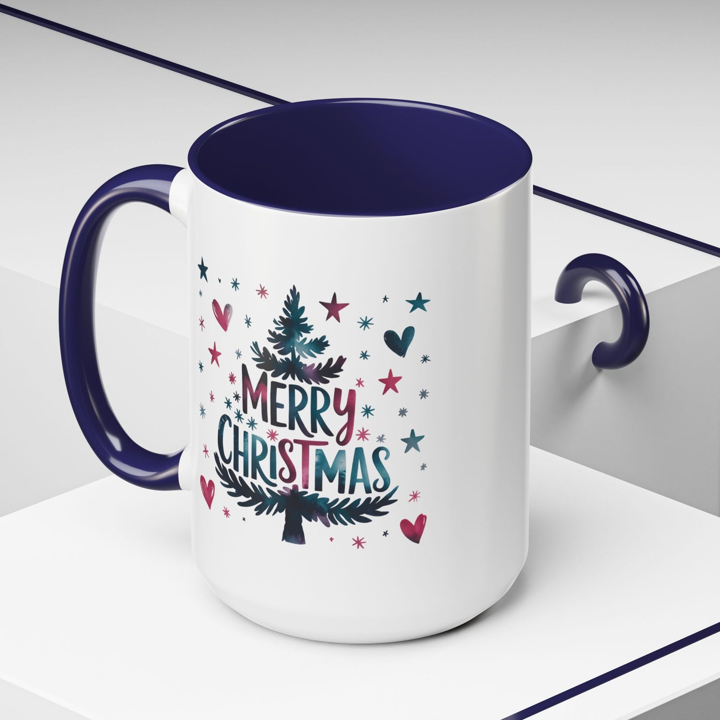 Christmas Mug - Merry Christmas Maroon & Blue Text Tree Hearts Stars