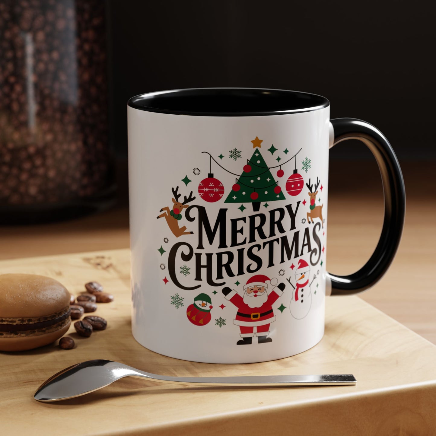 Christmas Mug - Merry Christmas Black Text Santa Reindeer Snowmen Ornaments
