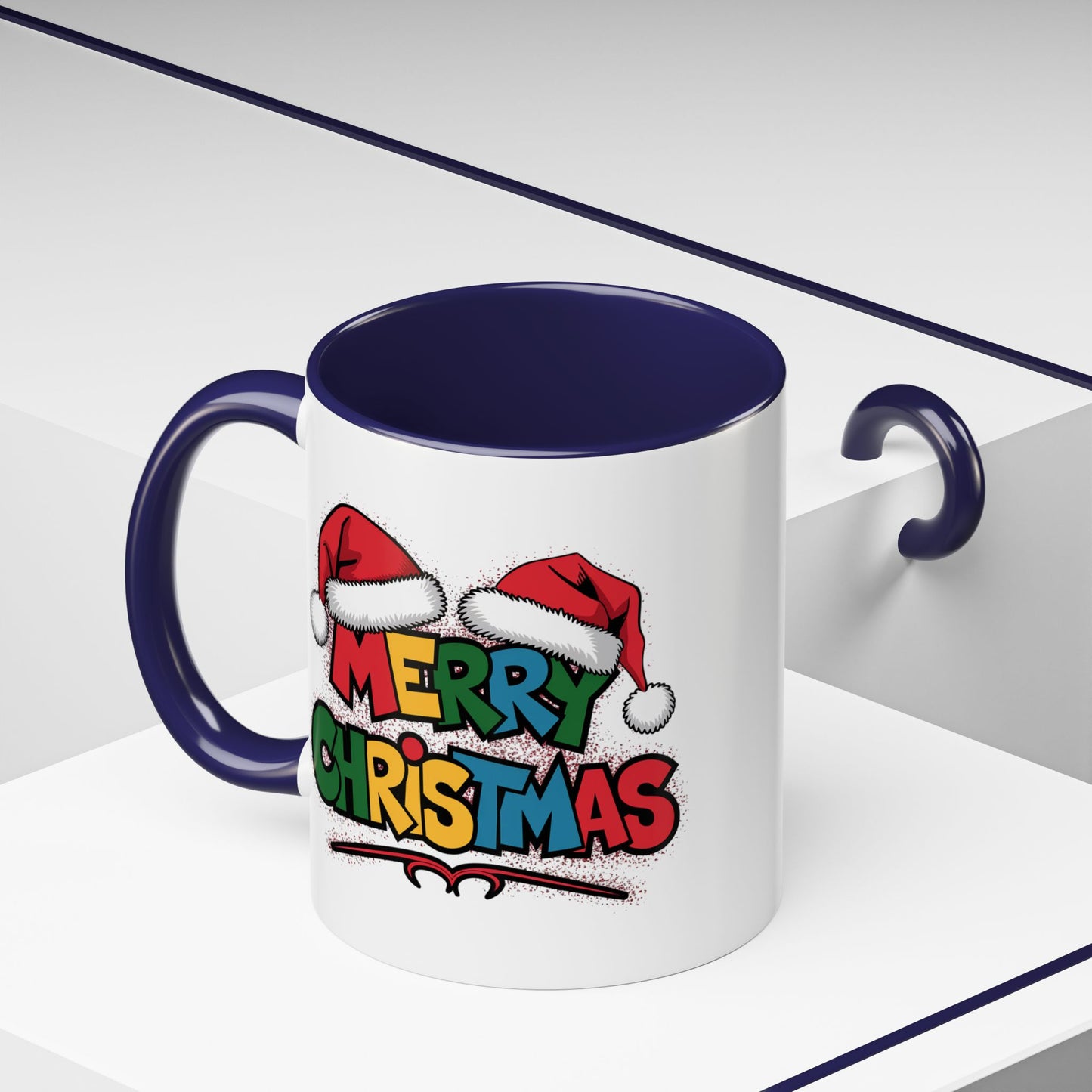 Christmas Mug - Merry Christmas Red Yellow & Blue Text Red Hats
