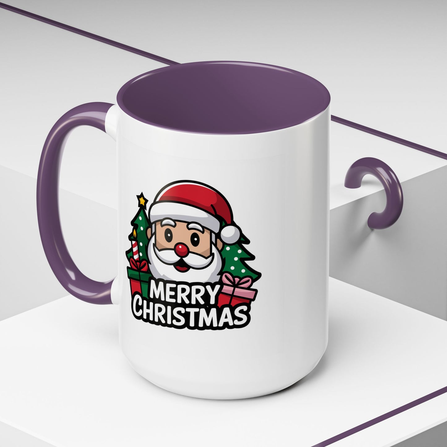 Christmas Mug - Merry Christmas White & Black Text Santa Trees Presents