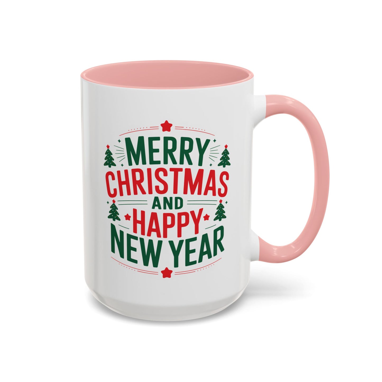 Christmas Mug - Merry Christmas and a Happy New Year Green & Red Text Trees Stars