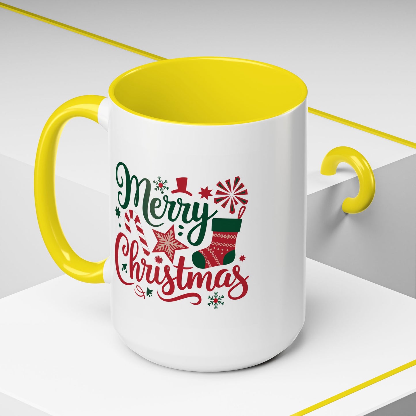 Christmas Mug - Merry Christmas Green & Red Text Star Candy Cane Stocking Snowflake