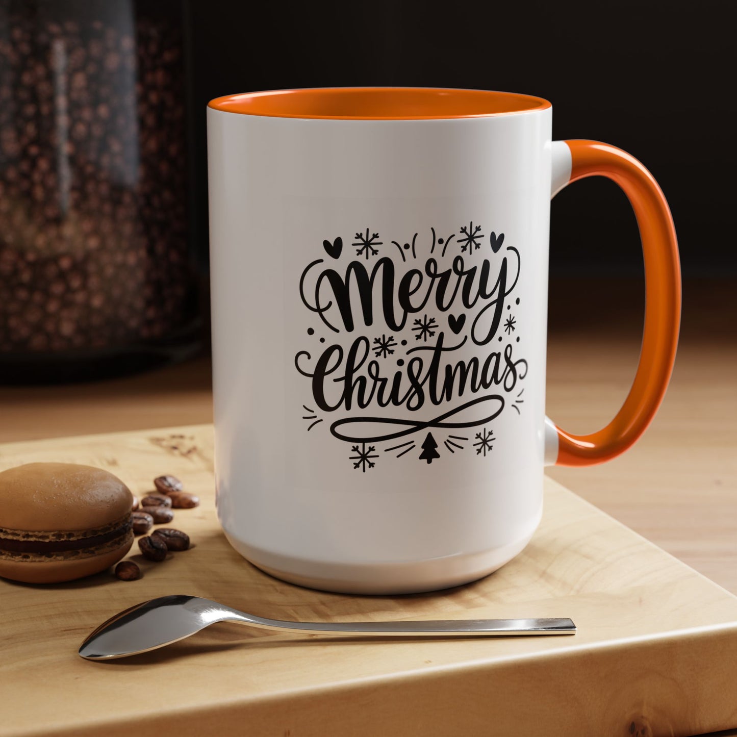 Christmas Mug - Merry Christmas Black Text Tree Snowflakes Hearts