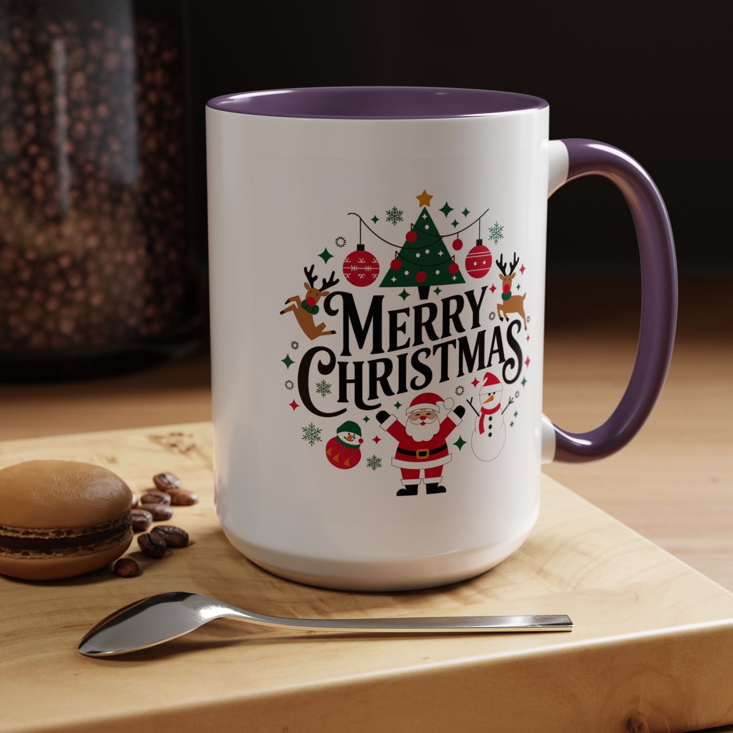 Christmas Mug - Merry Christmas Black Text Santa Reindeer Snowmen Ornaments