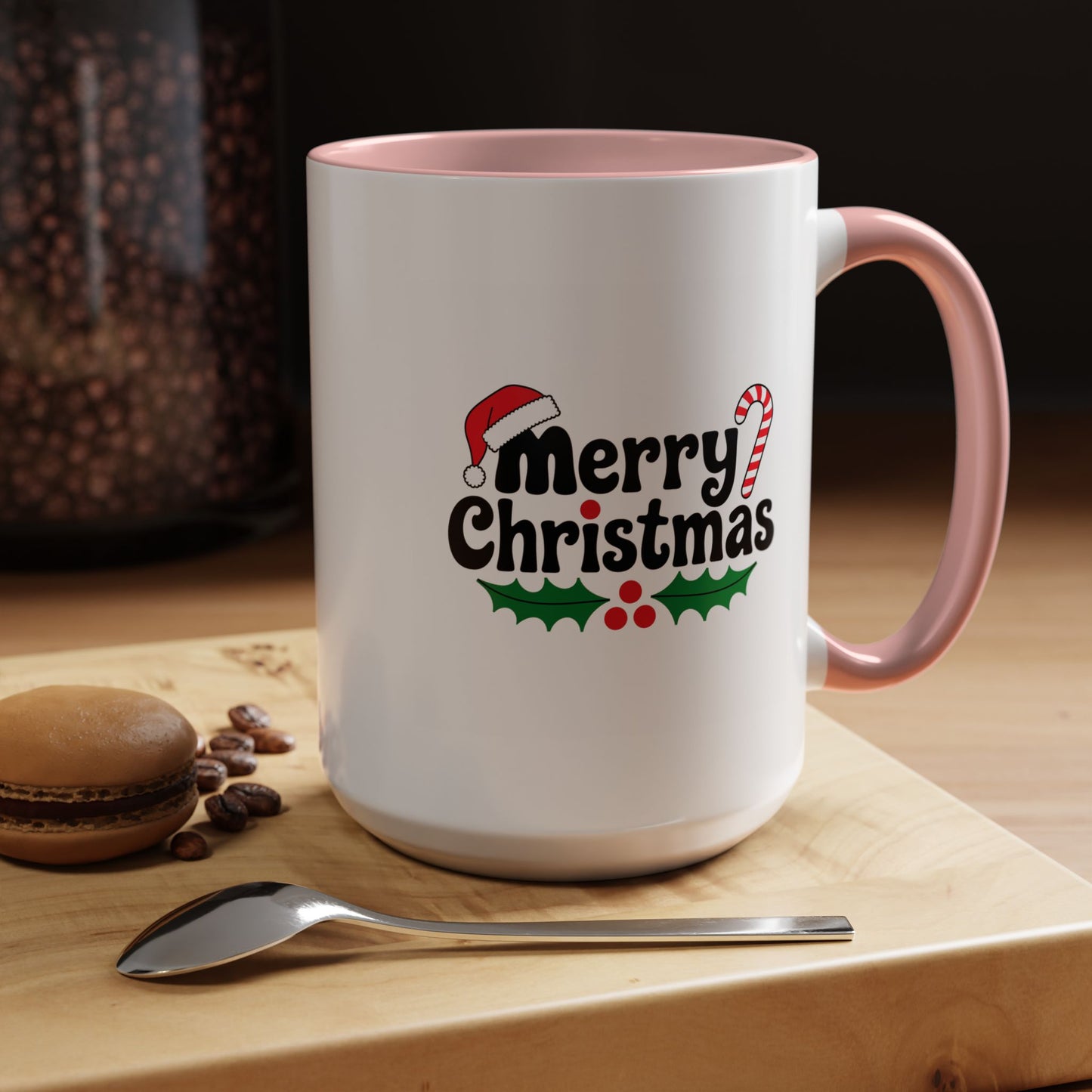 Christmas Mug - Merry Christmas Black Text Hat Cane Misletoe