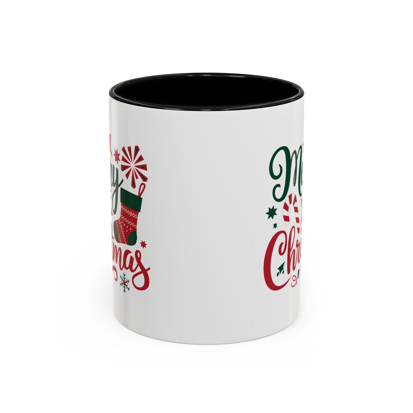 Christmas Mug - Merry Christmas Green & Red Text Star Candy Cane Stocking Snowflake