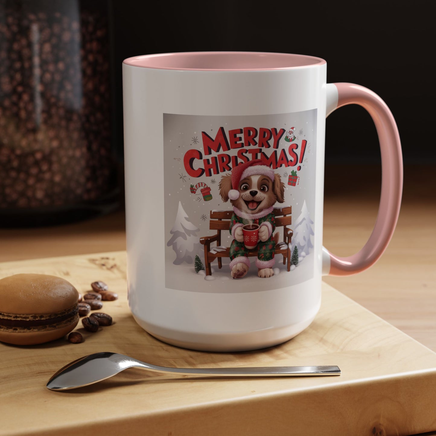 Christmas Mug - Merry Christmas Red Text Puppy Green & Red Top