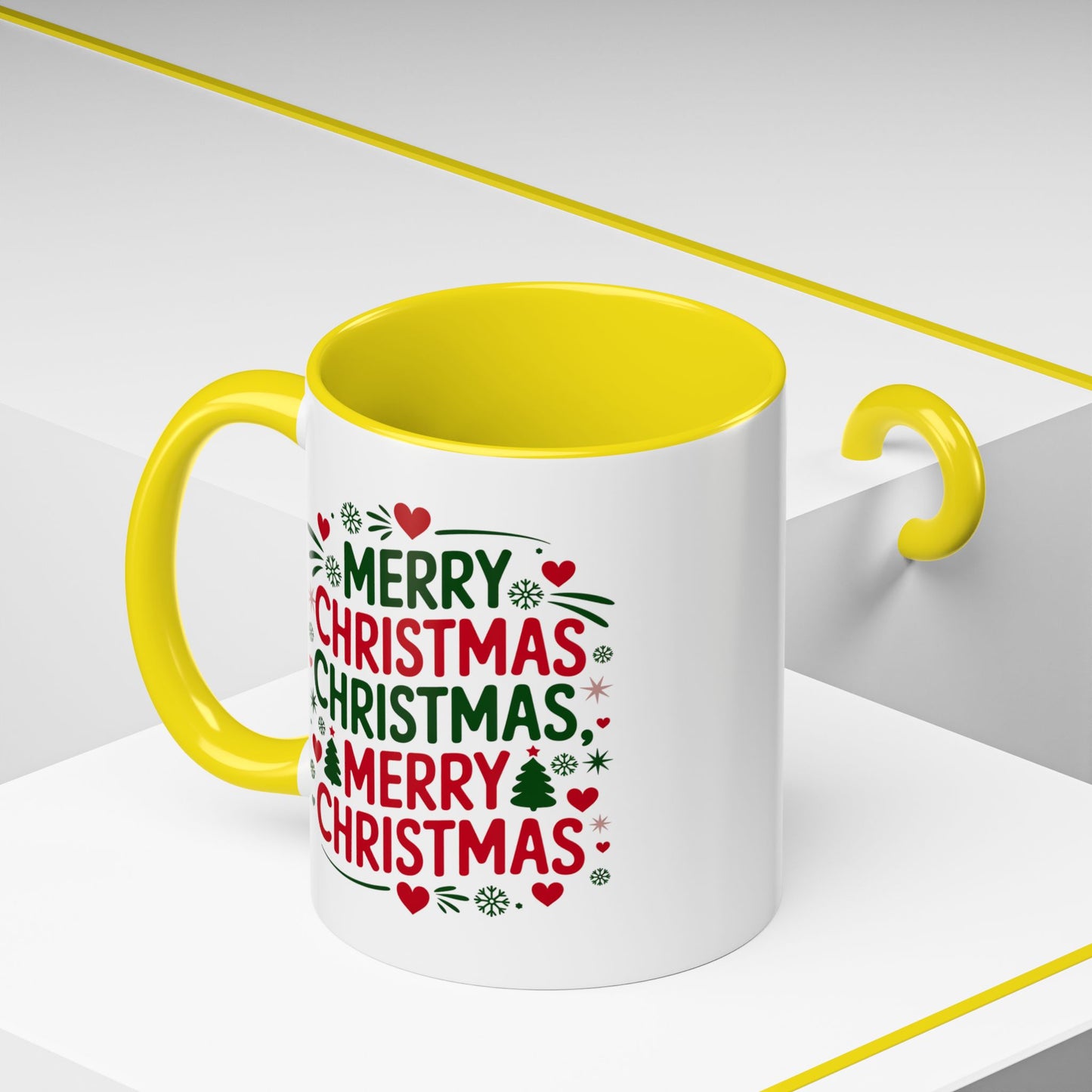 Christmas Mug - Merry Christmas Green & Red Text Trees Hearts Snowflakes Stars