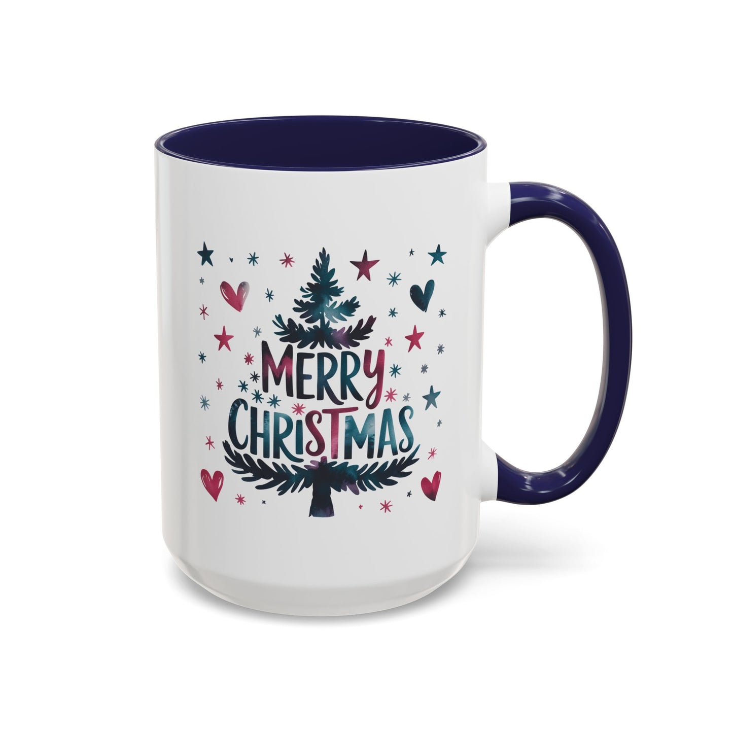 Christmas Mug - Merry Christmas Maroon & Blue Text Tree Hearts Stars