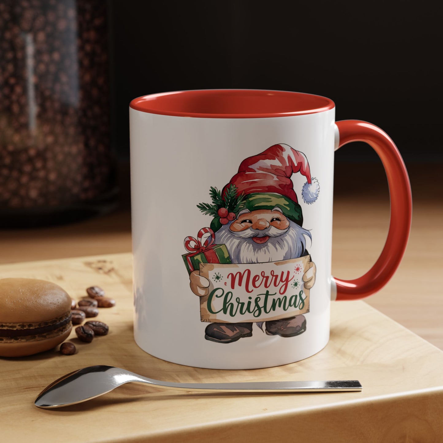 Christmas Mug - Merry Christmas Red & Green Text Gnome Present