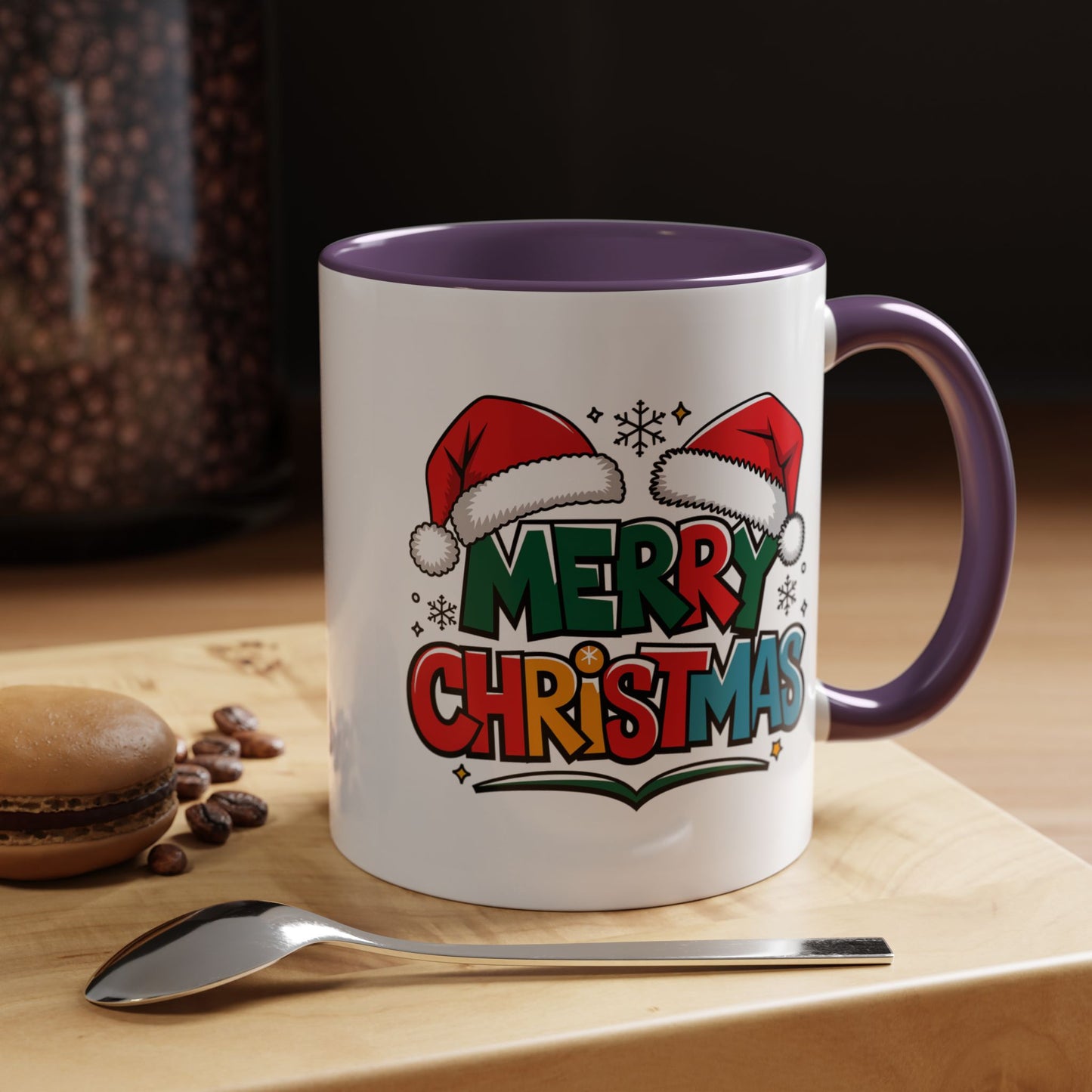 Christmas Mug - Merry Christmas Green Red Yellow and Blue Text Red Hats