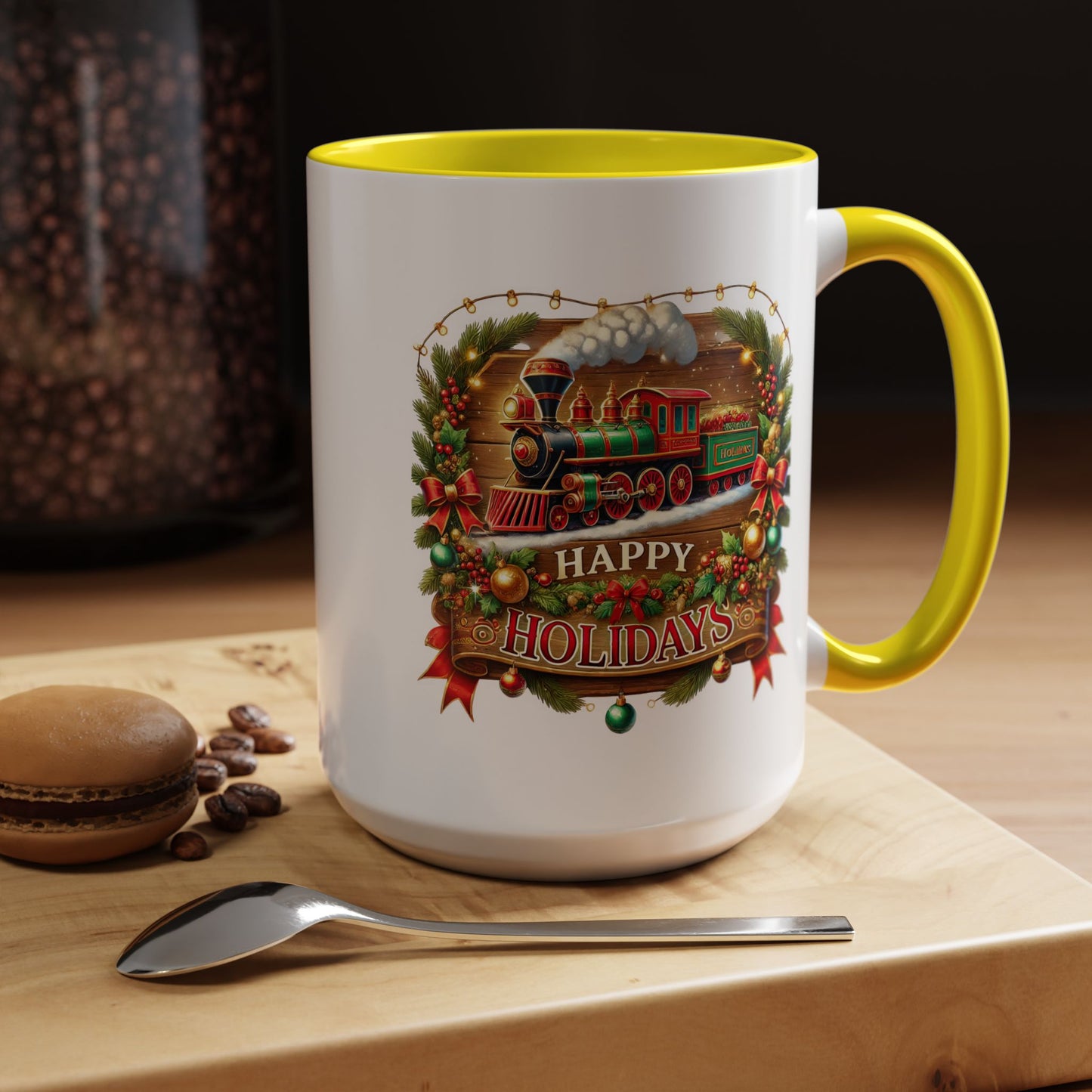 Christmas Mug - Happy Holidays White & Red Text Steam Locomotive