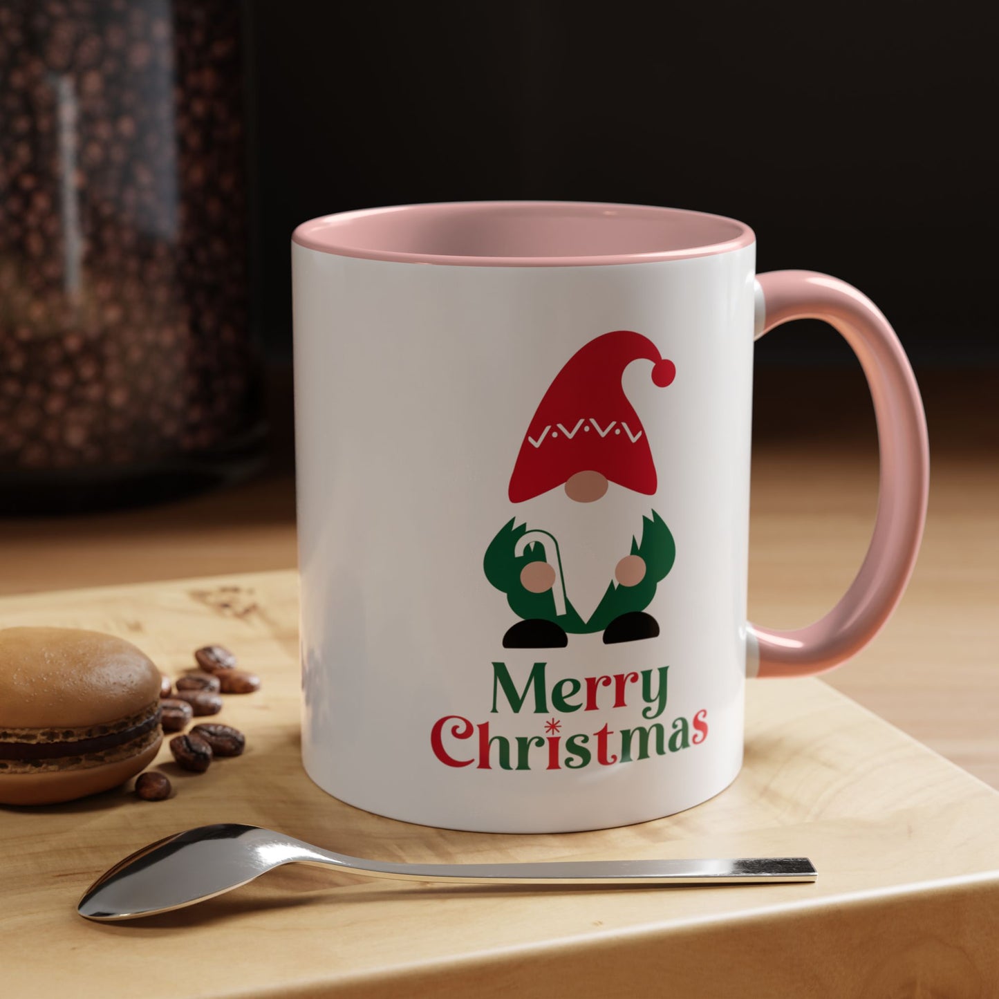 Christmas Mug - Merry Christmas Green & Red Text Gnome Candy Cane