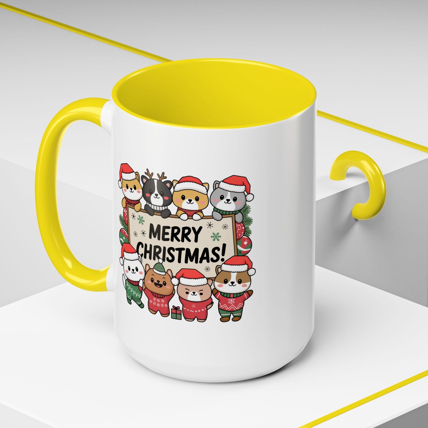 Christmas Mug - Merry Christmas Black Text Cute Animals
