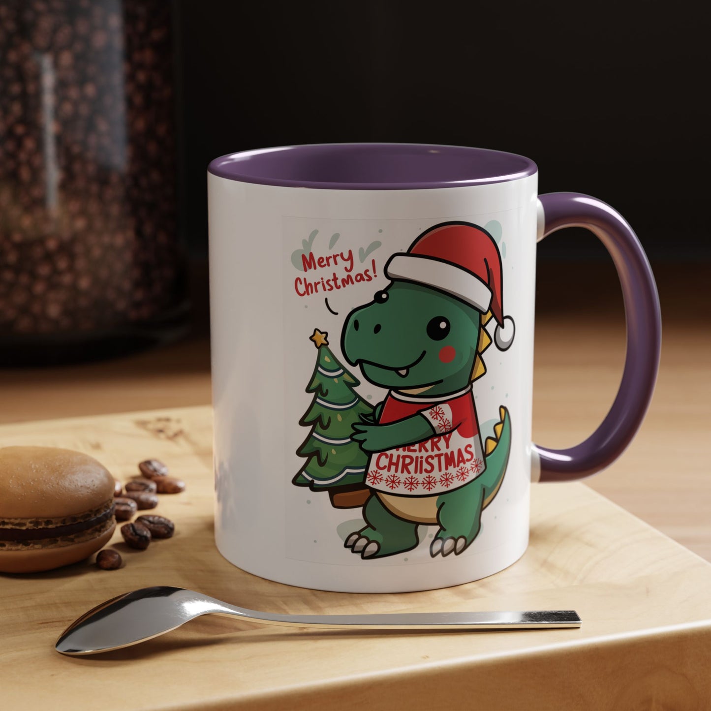 Christmas Mug - Merry Christmas Red Text Dinosaur Tree