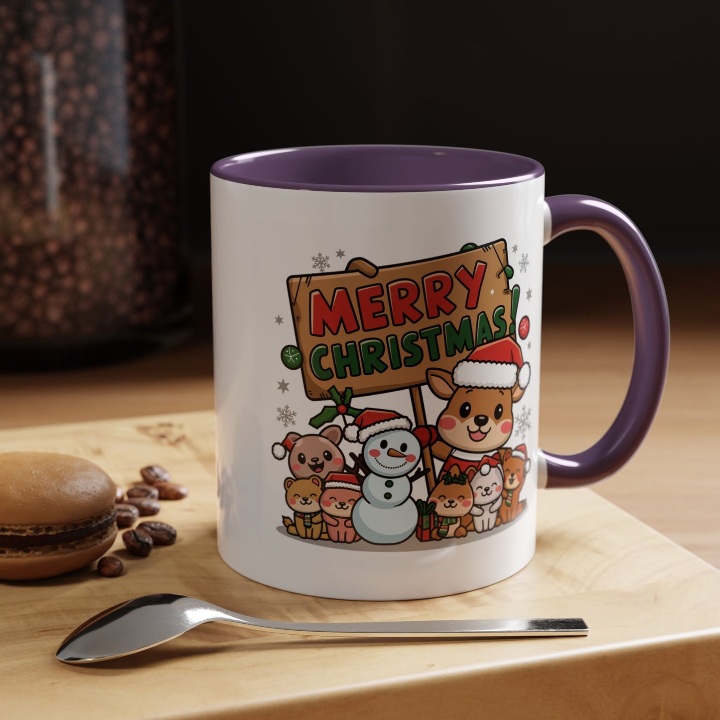 Christmas Mug - Merry Christmas Red & Green Text Reindeer Snowman