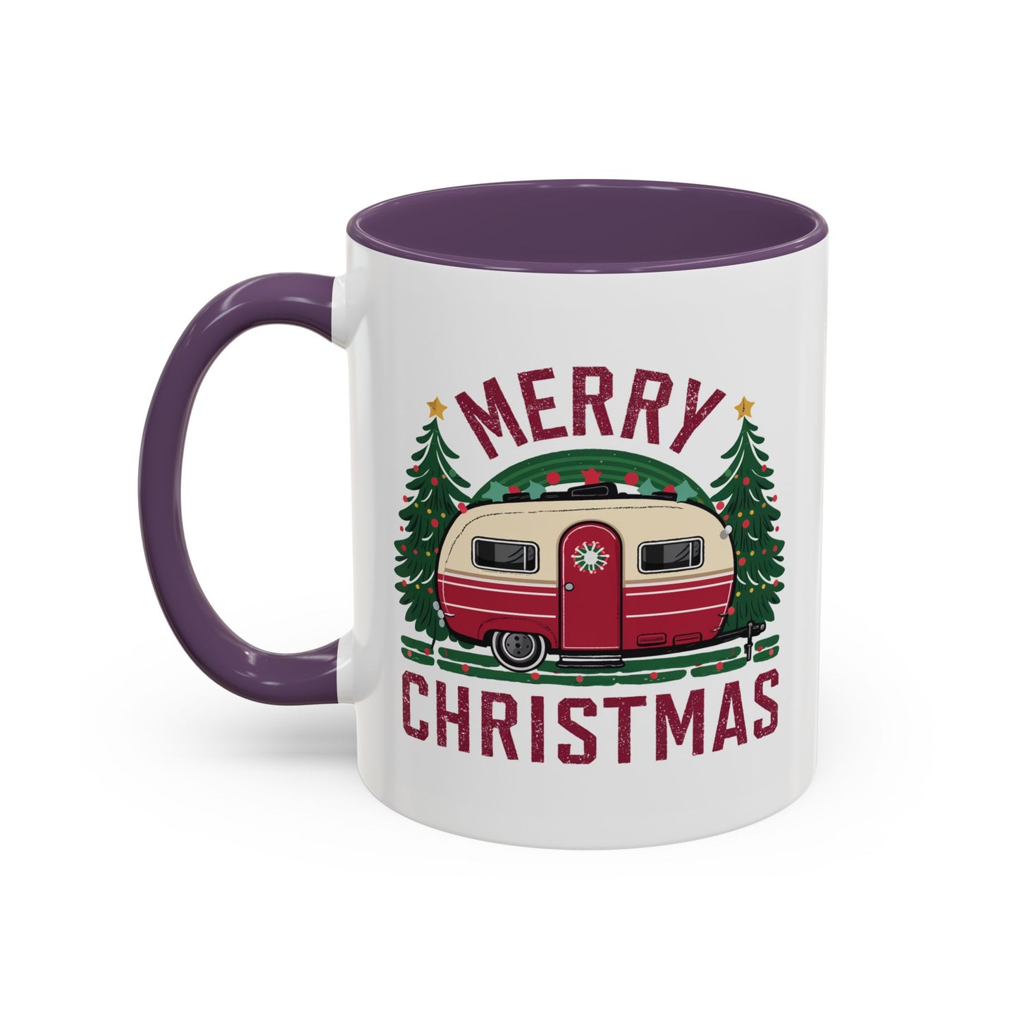 Christmas Mug - Merry Christmas Maroon Text Camper Trees