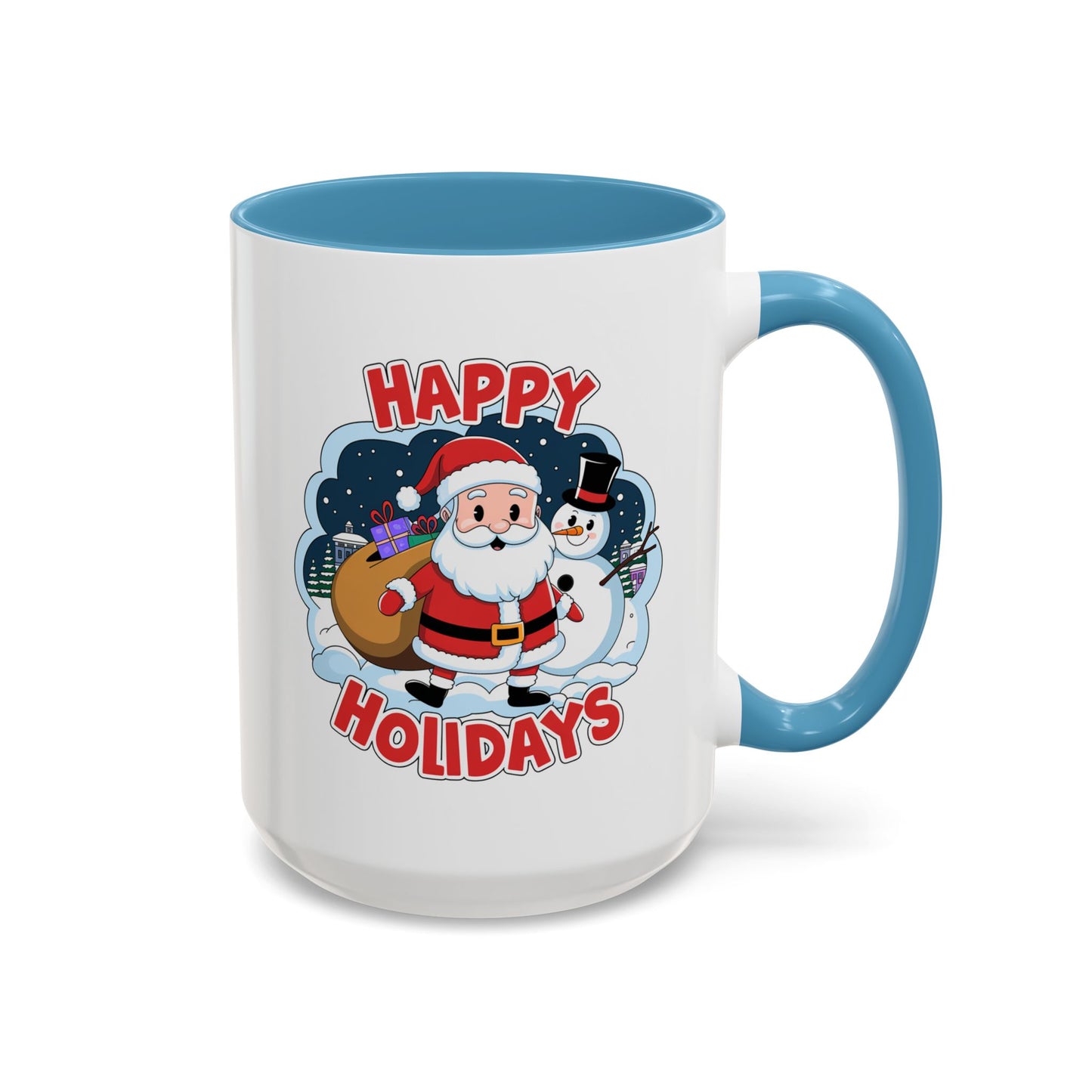 Christmas Mug - Happy Holidays Red & White Text Santa Snowman