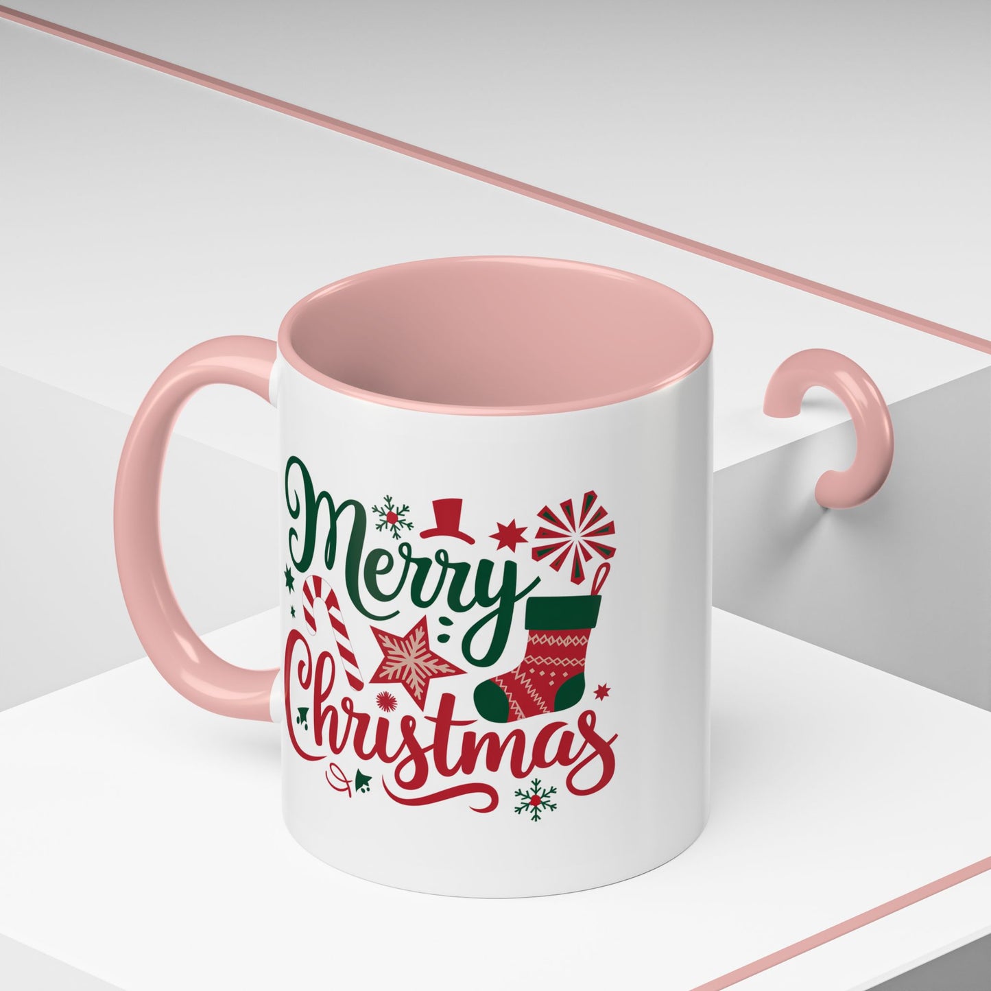 Christmas Mug - Merry Christmas Green & Red Text Star Candy Cane Stocking Snowflake