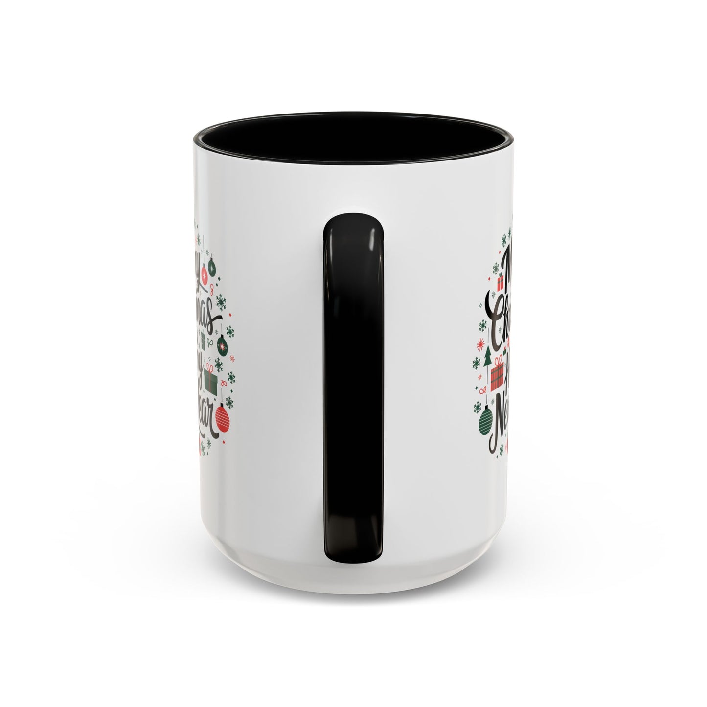 Christmas Mug - Merry Christmas and a Happy New Year Black Text Tree Ornaments Presents