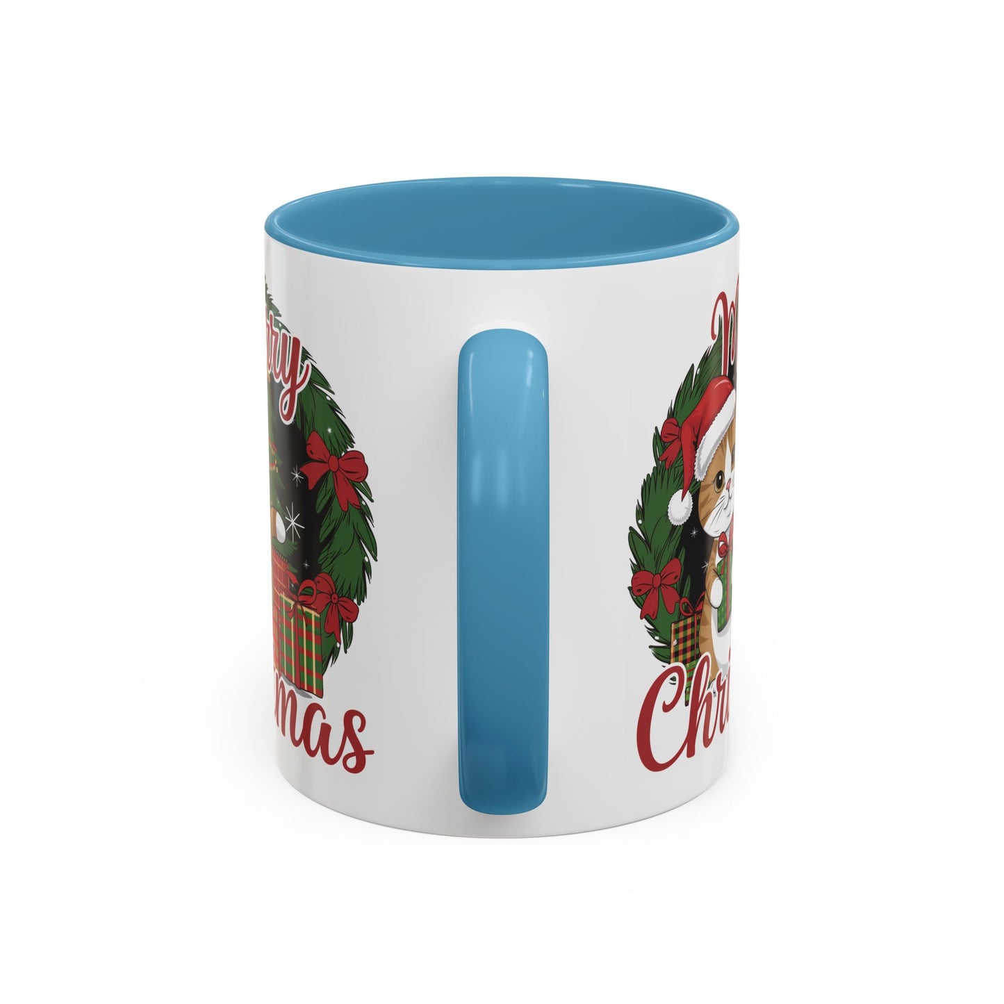 Christmas Mug - Merry Christmas Red Text Cat Presents Wreath