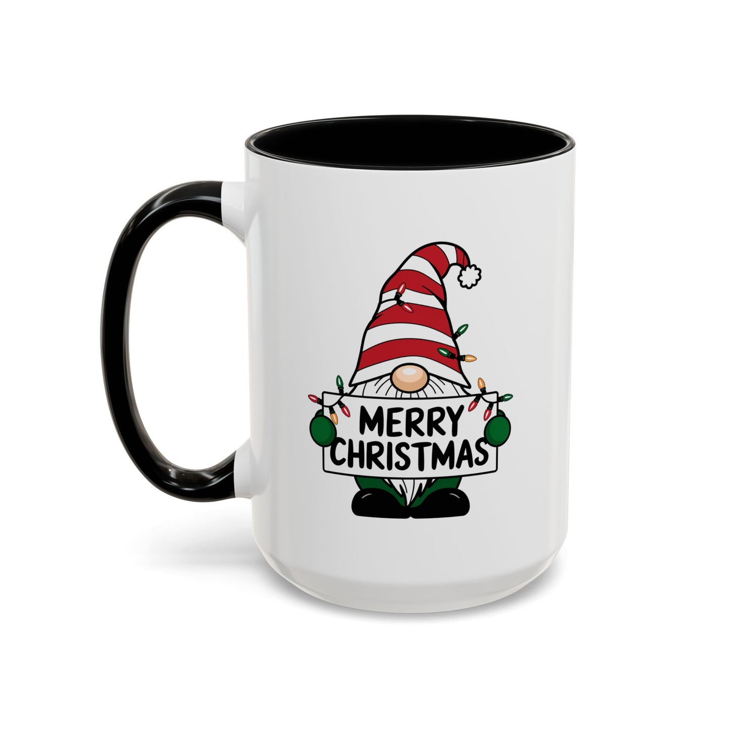 Christmas Mug - Merry Christmas Black Text Gnome Lights