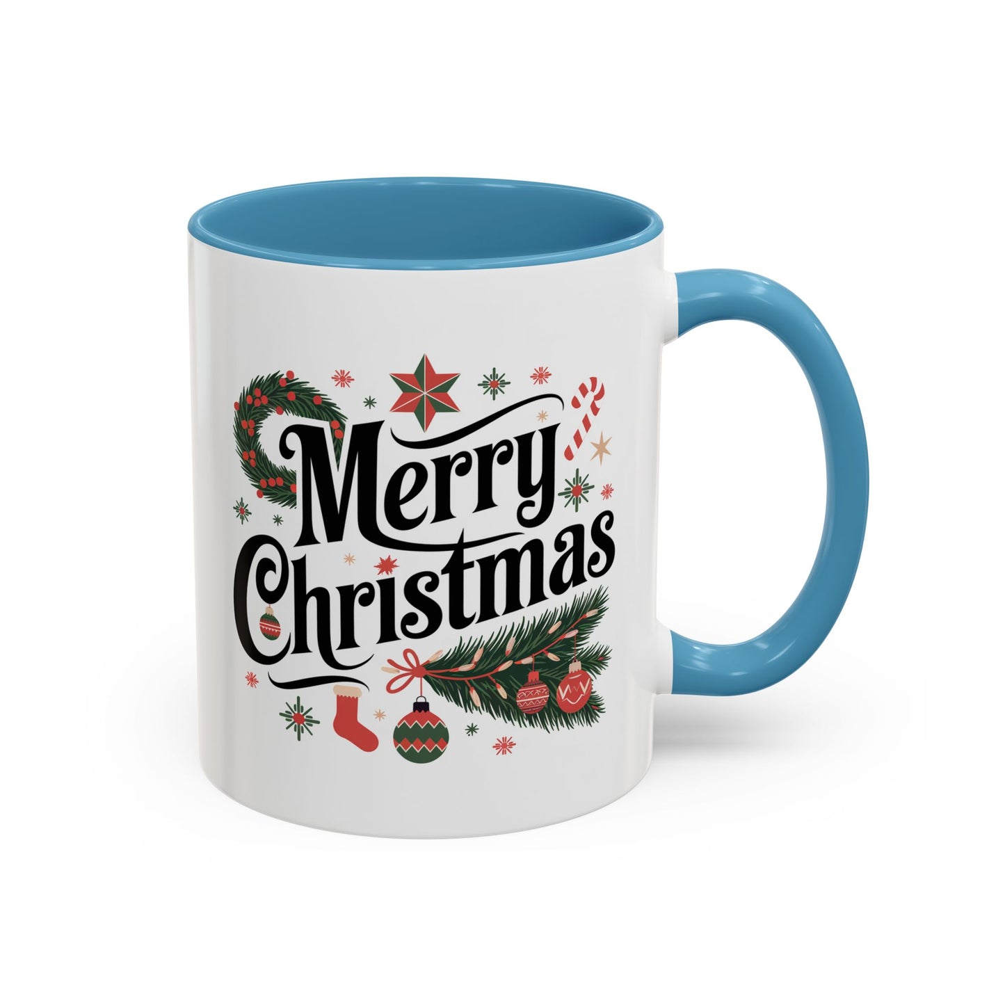 Christmas Mug - Merry Christmas Black Text Star Stocking Ornament Candy Cane