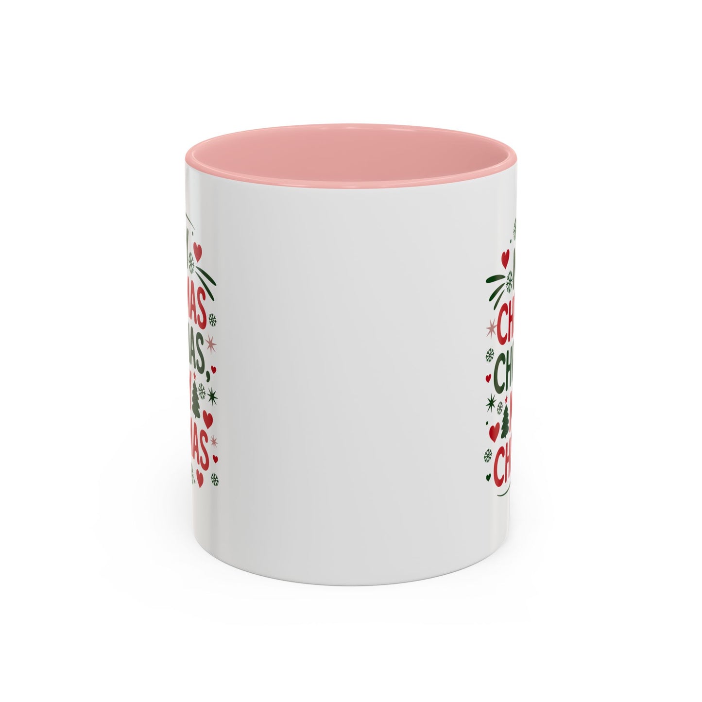 Christmas Mug - Merry Christmas Green & Red Text Trees Hearts Snowflakes Stars