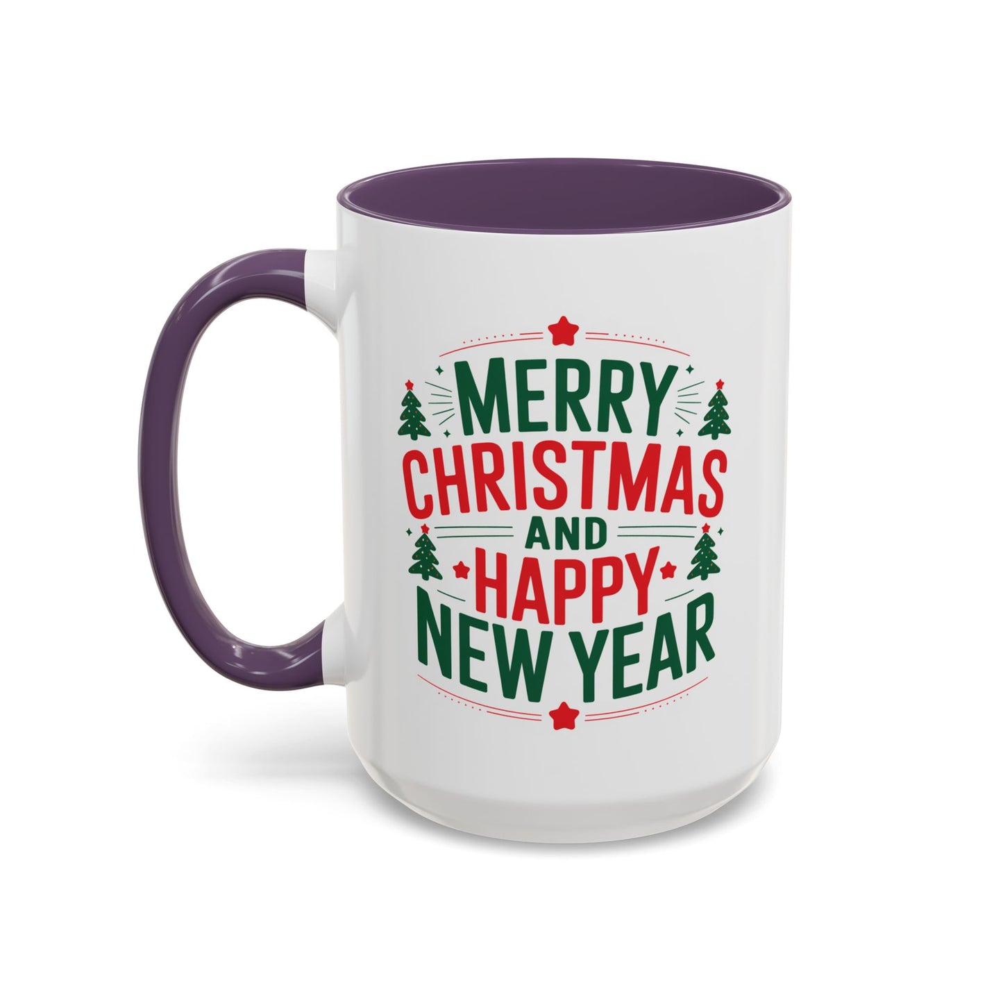Christmas Mug - Merry Christmas and a Happy New Year Green & Red Text Trees Stars