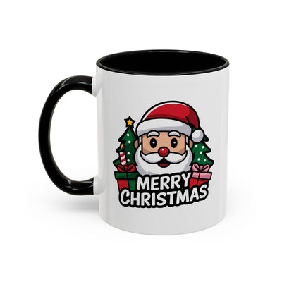 Christmas Mug - Merry Christmas White & Black Text Santa Trees Presents